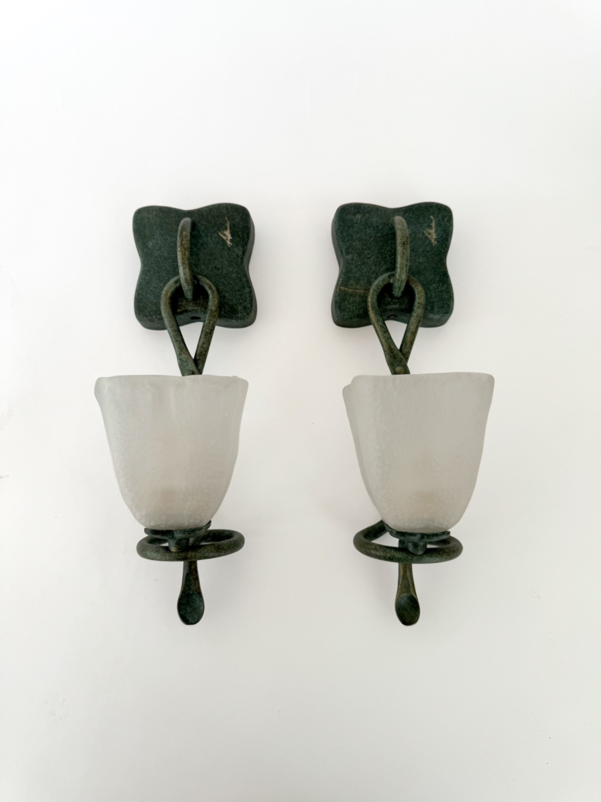Vintage Pair of Italian Forged Iron with Glass Sconces