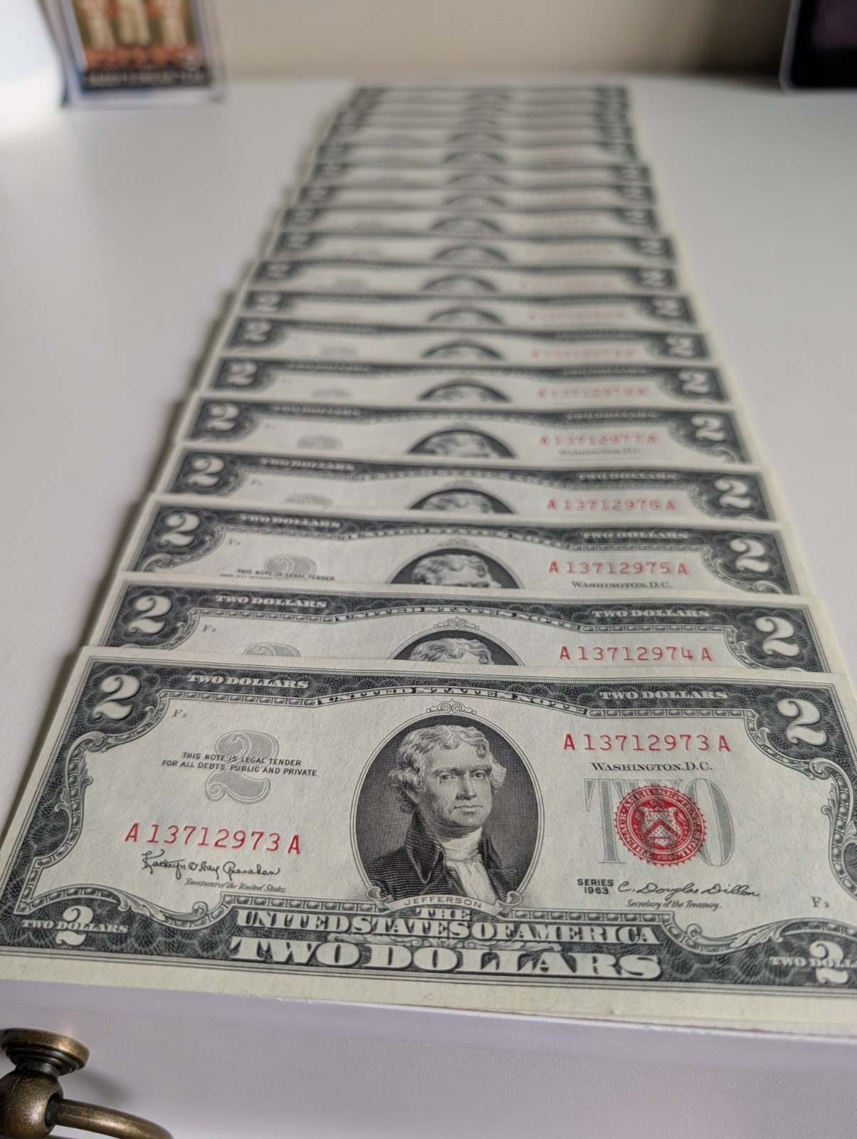 1963 Red Seal 2 Dollar Bills Uncirculated 18 consecutive #A13712973 - A13712990