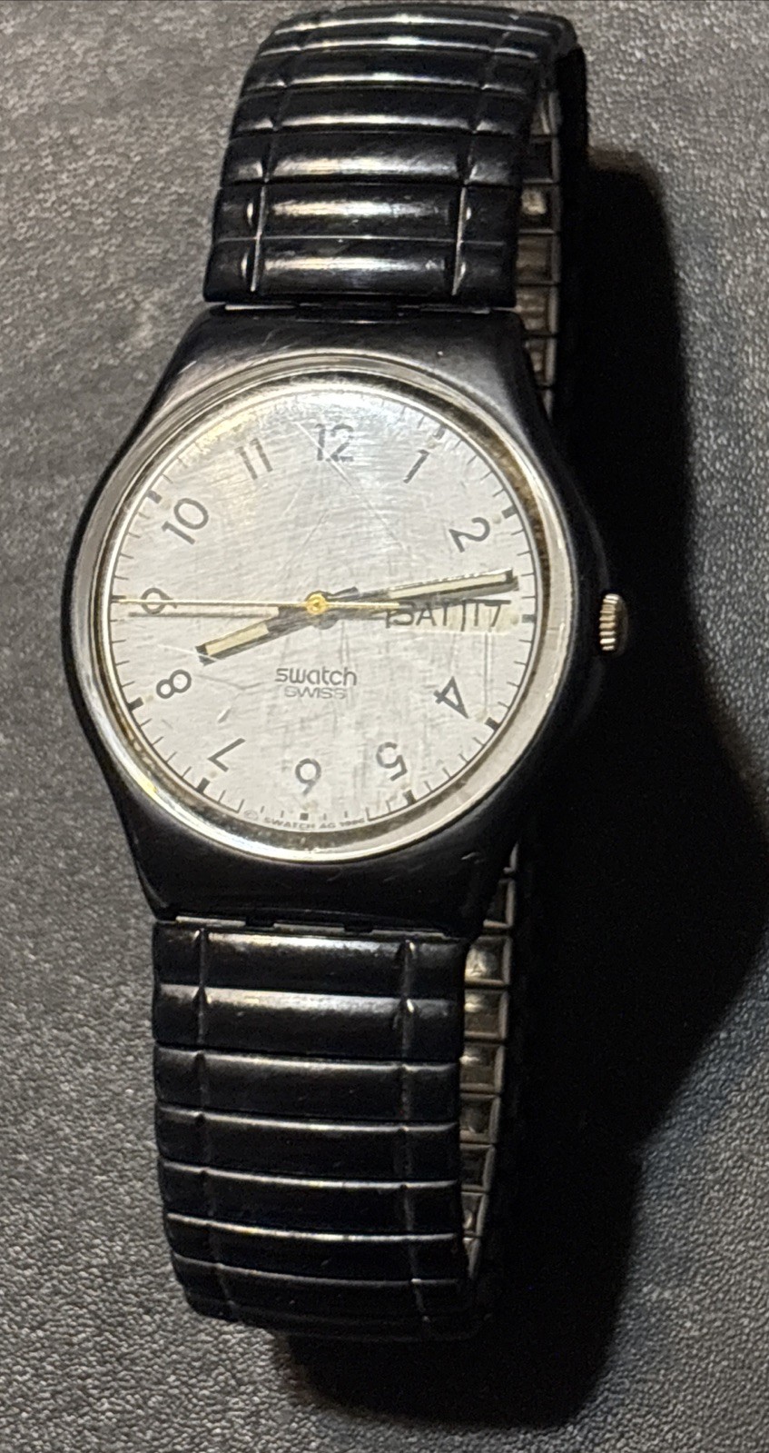 Vintage 1986 Swatch Classic GB706 Day Date -USA Metal Stretch Rare Band