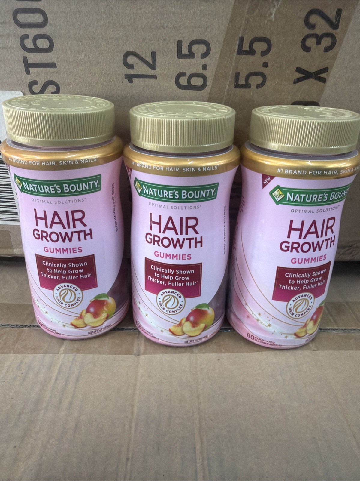 3 Nature's Bounty Hair Growth Gummies 60 Peach Mango Gummies ea.
