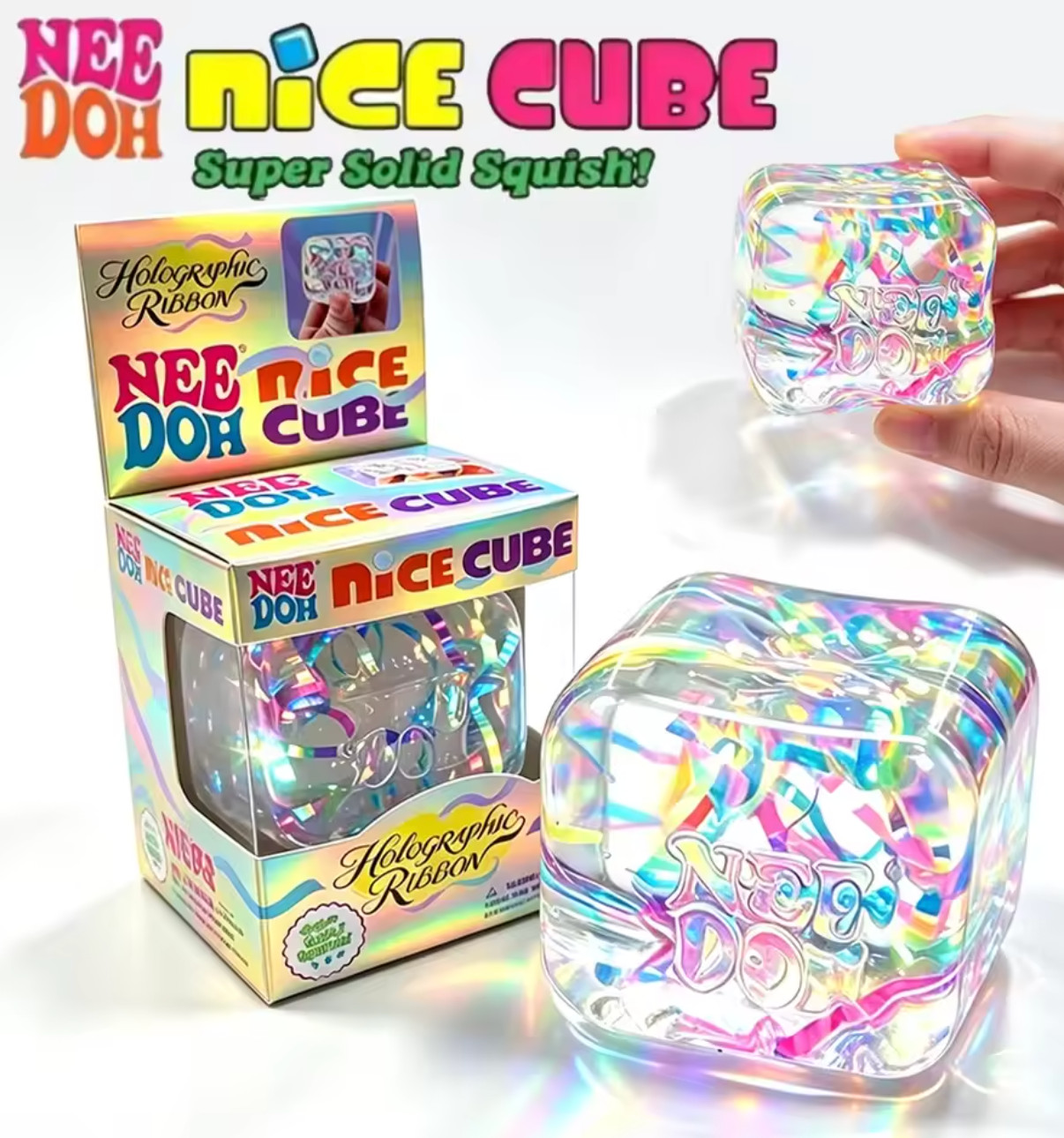 NeeDoh Nice Cube Holographic Ribbon – Super Solid Squish Sensory Toy – New
