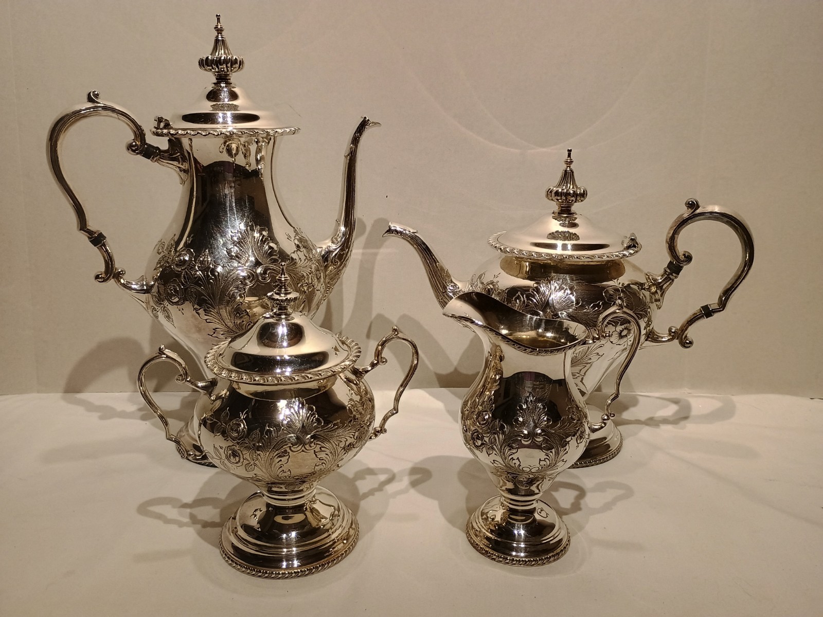 STUNNING Antique Friedman Gorham Silver Plated 4 Piece Tea Set Hand Chased STUNNING Antique Friedman Gorham Silver Plated 4 Piece Tea Set Hand Chased