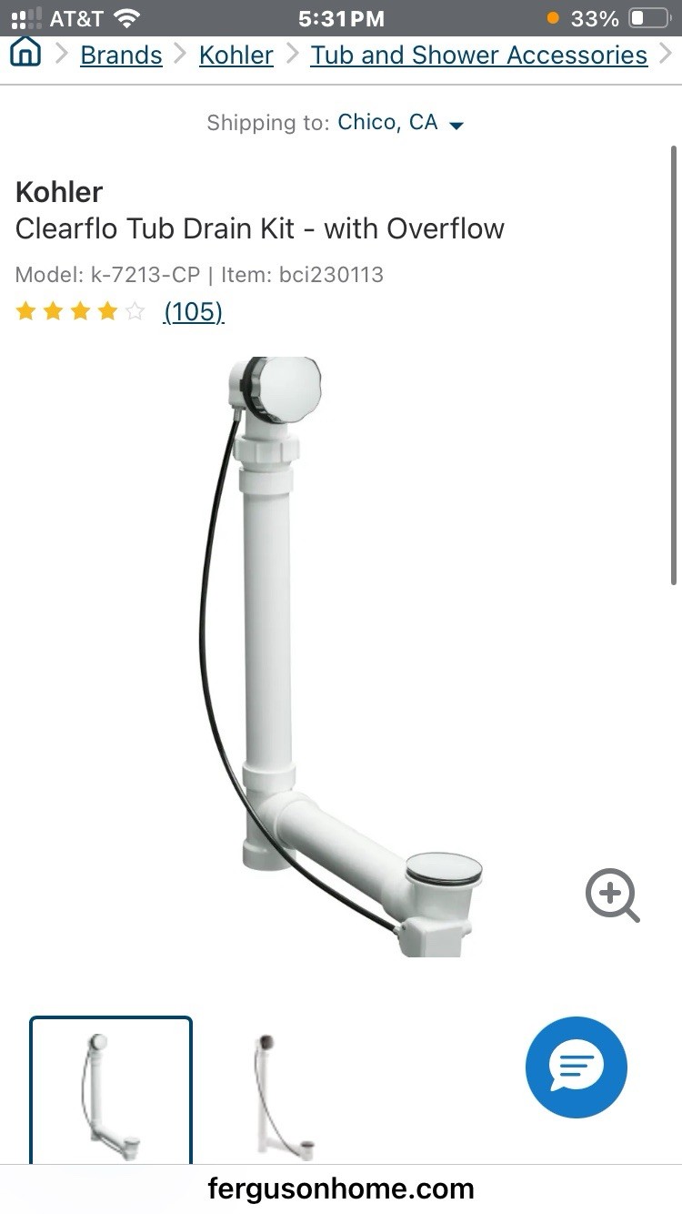 KOHLER K-7213 Clearflo Cable Bath Drain PVC Tube Open Box unused Polished Chrome