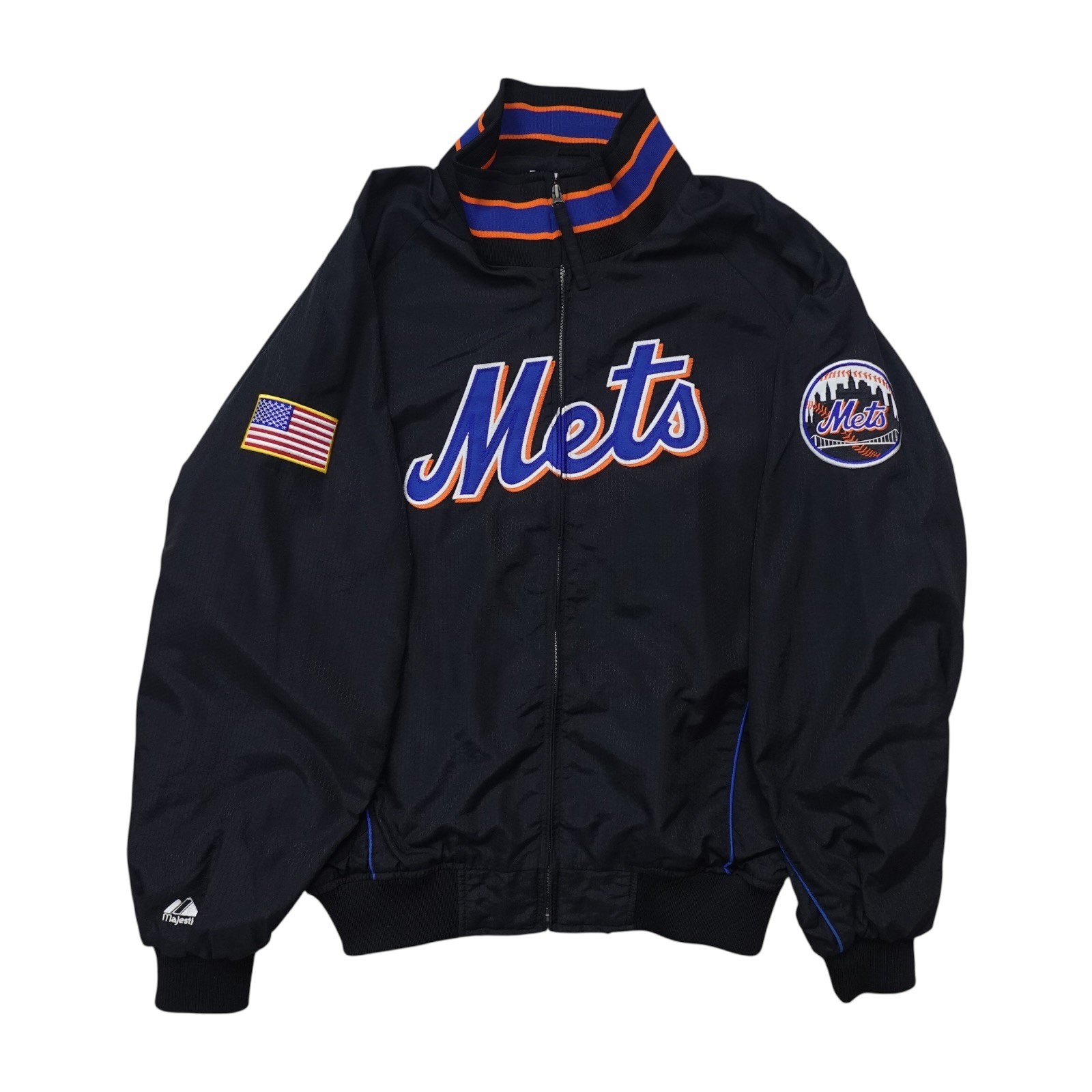 VTG 00s MLB NEW YORK METS MAJESTIC AUTHENTIC DUGOUT JACKET US FLAG PATCH Sz L VTG 00s MLB NEW YORK METS MAJESTIC AUTHENTIC DUGOUT JACKET US FLAG PATCH Sz L