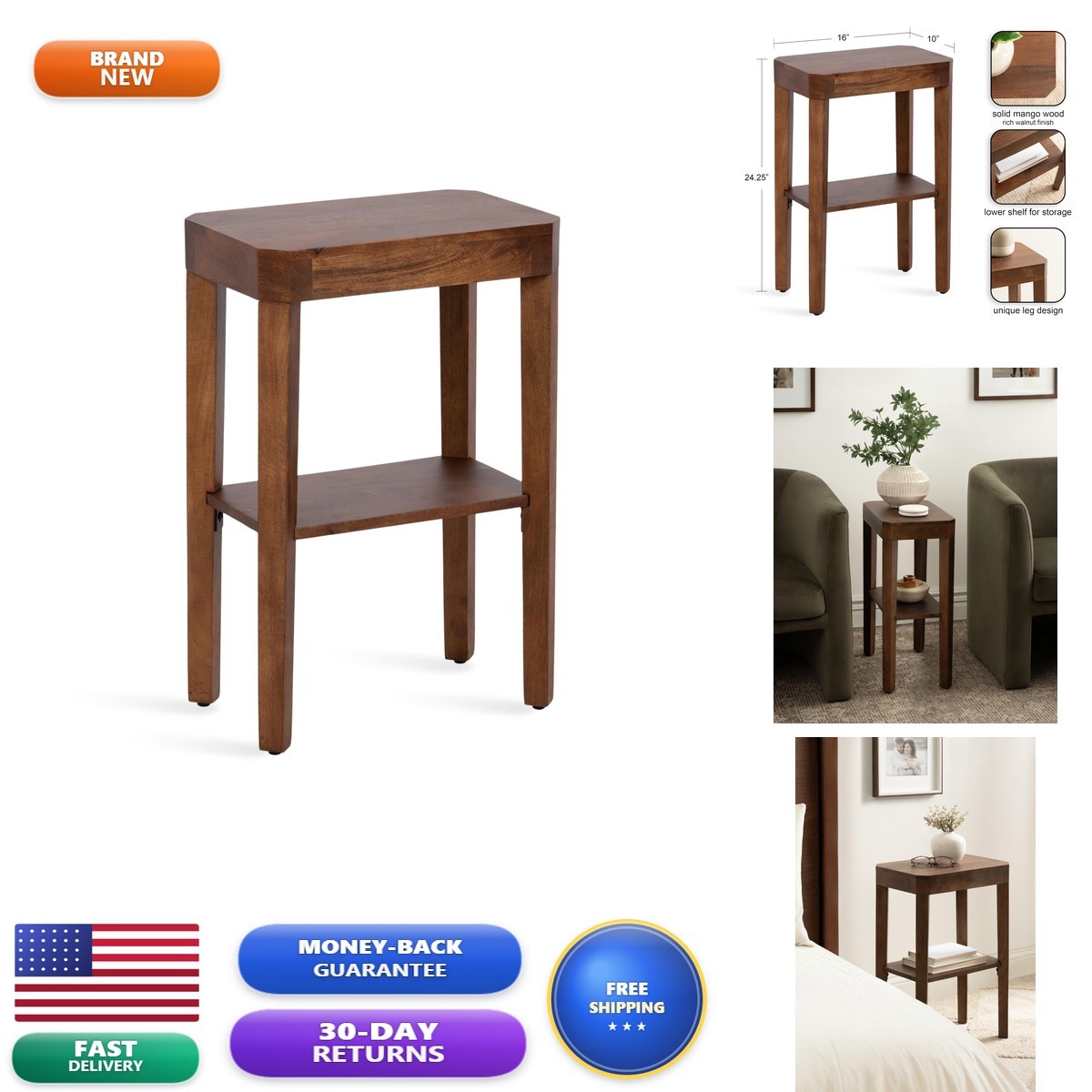 Kate and Laurel Talcott Side Table 16x10x25 Walnut Brown Two-Tier End Table