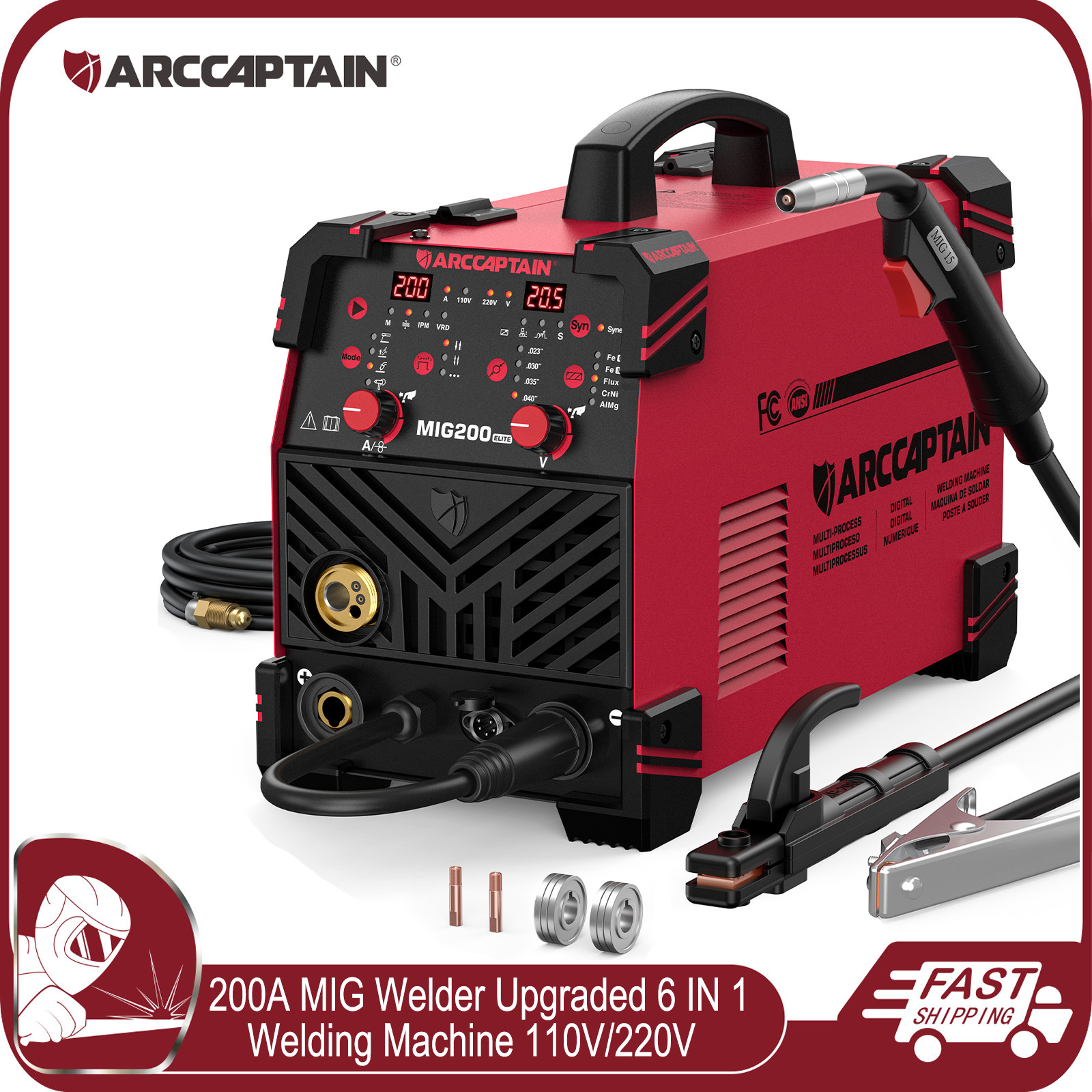 ARCCAPTAIN 200A MIG Welder Upgraded 6 IN 1 Flux Core MIG/Gas MIG/Lift TIG/Stick