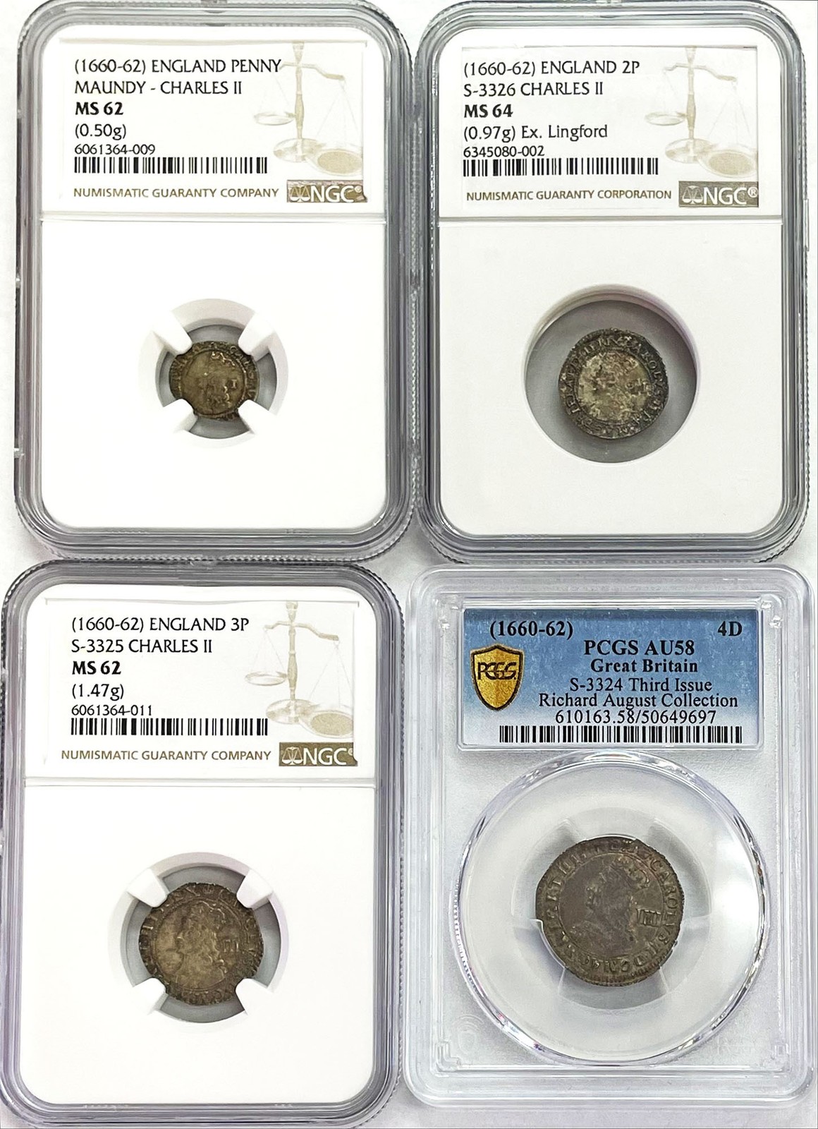 1660 -1662 SILVER GREAT BRITAIN KING CHARLES II MAUNDY SET NGC PCGS AU 58- MS 64