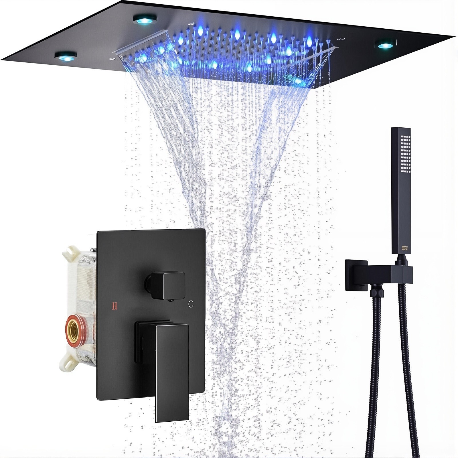 LED 14X20\'\' Ceiling Mount Rain Waterfall Shower Head Set Bathroom Shower Faucet