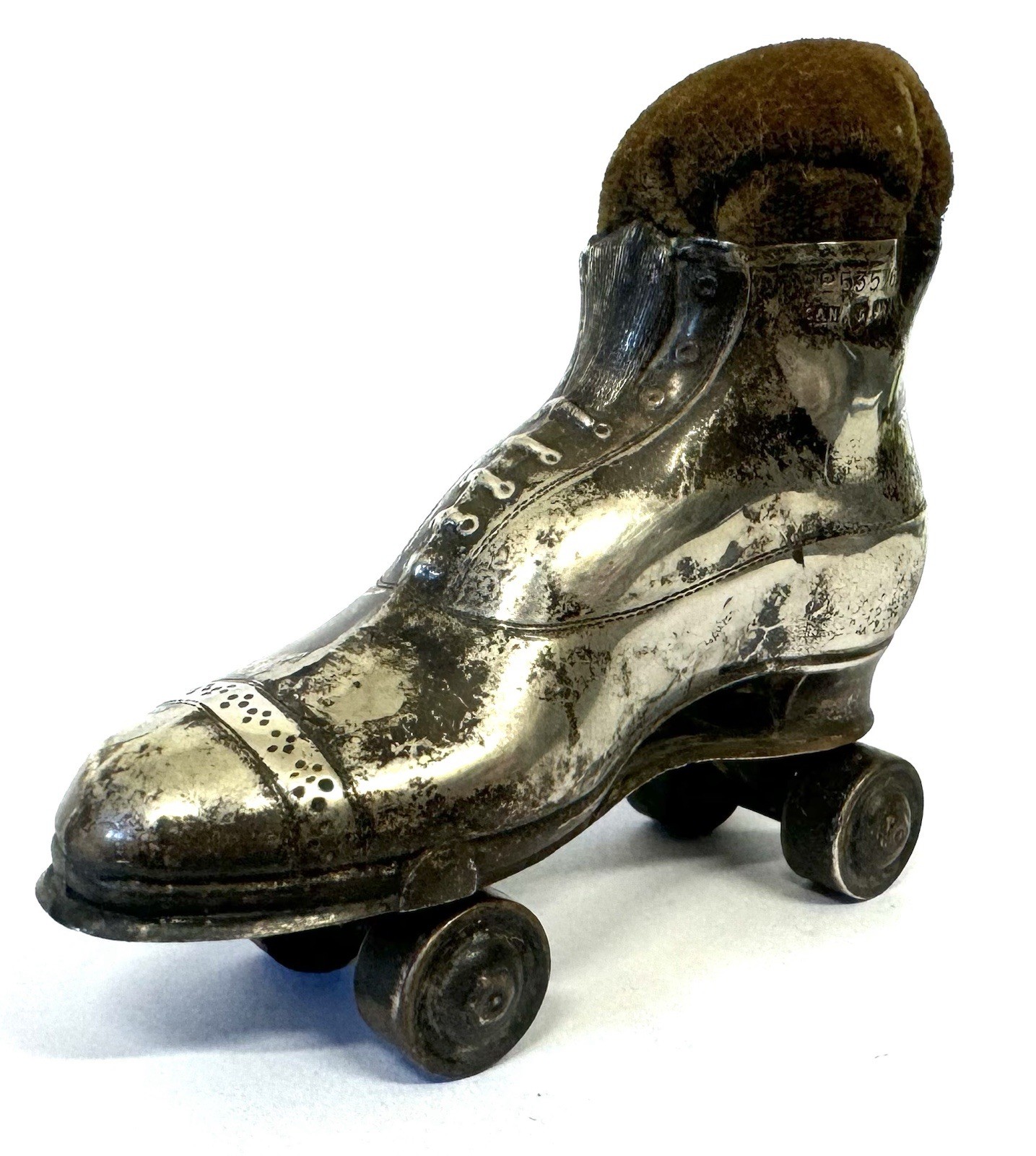 Rare Antique 1909 Crisford & Norris Silver Novelty Roller Skate Pin Cushion