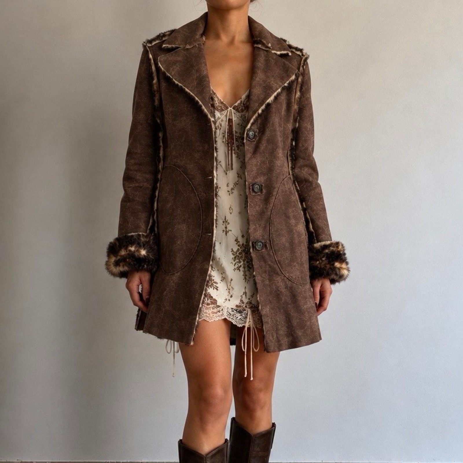 Vintage 2000s Italian Energie Gold Distressed Faux Shearling Coat Size Medium