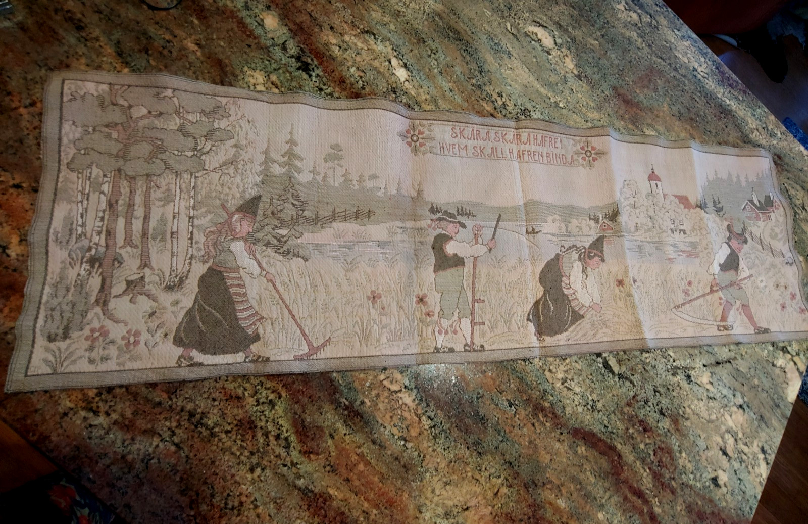 Scandinavian Swedish Folk Art Harvest Scene Tapestry Wall Decor Runner 47x14\ Scandinavian Swedish Folk Art Harvest Scene Tapestry Wall Decor Runner 47x14\