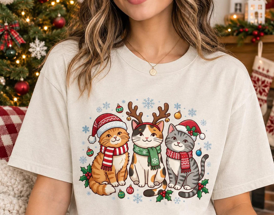 Christmas Cat Shirt, Festive Cat T Shirt, Holiday Cat Tee, Women’s Christmas Shi