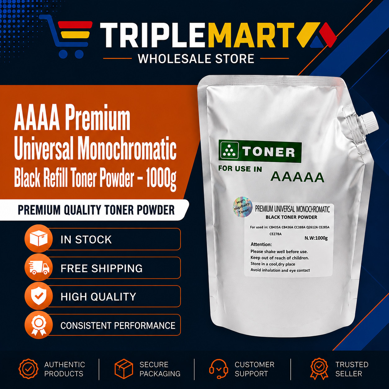 Bulk AAAAA Premium Universal Monochromatic Blk Toner Powder – 1000g - HP & Canon Bulk AAAAA Premium Universal Monochromatic Blk Toner Powder – 1000g - HP & Canon