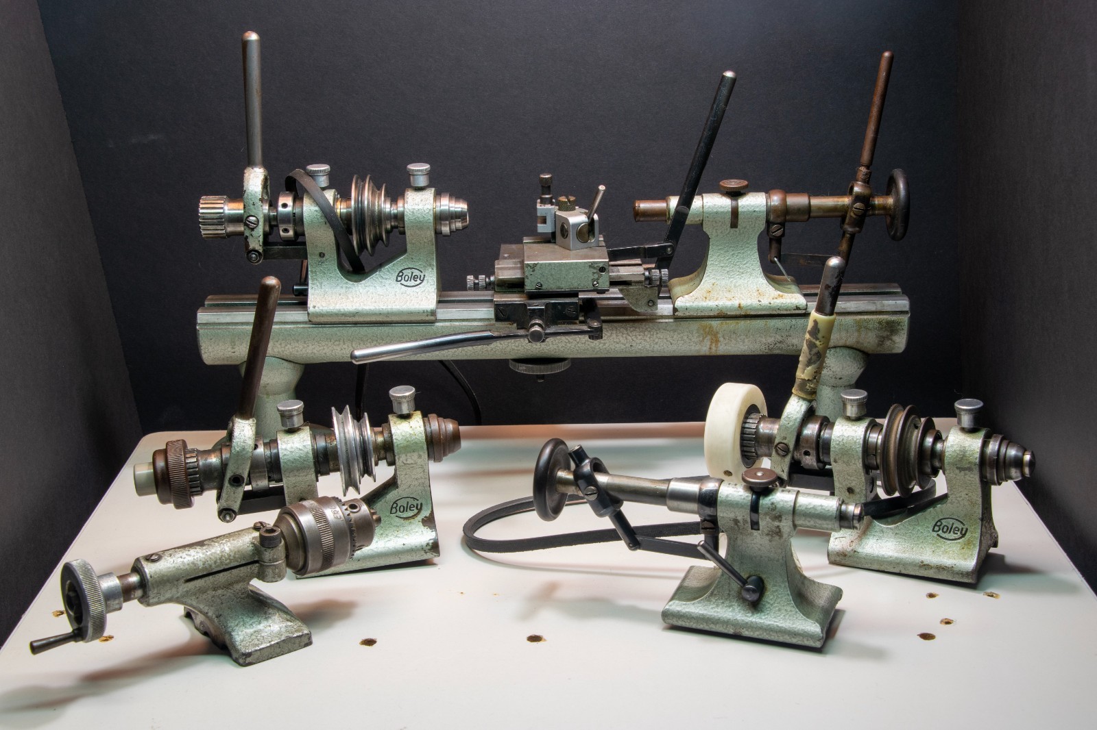 Vintage G. Boley Watchmaker Lathe w/ Multiple Headstocks Tool Rest Parts Lot