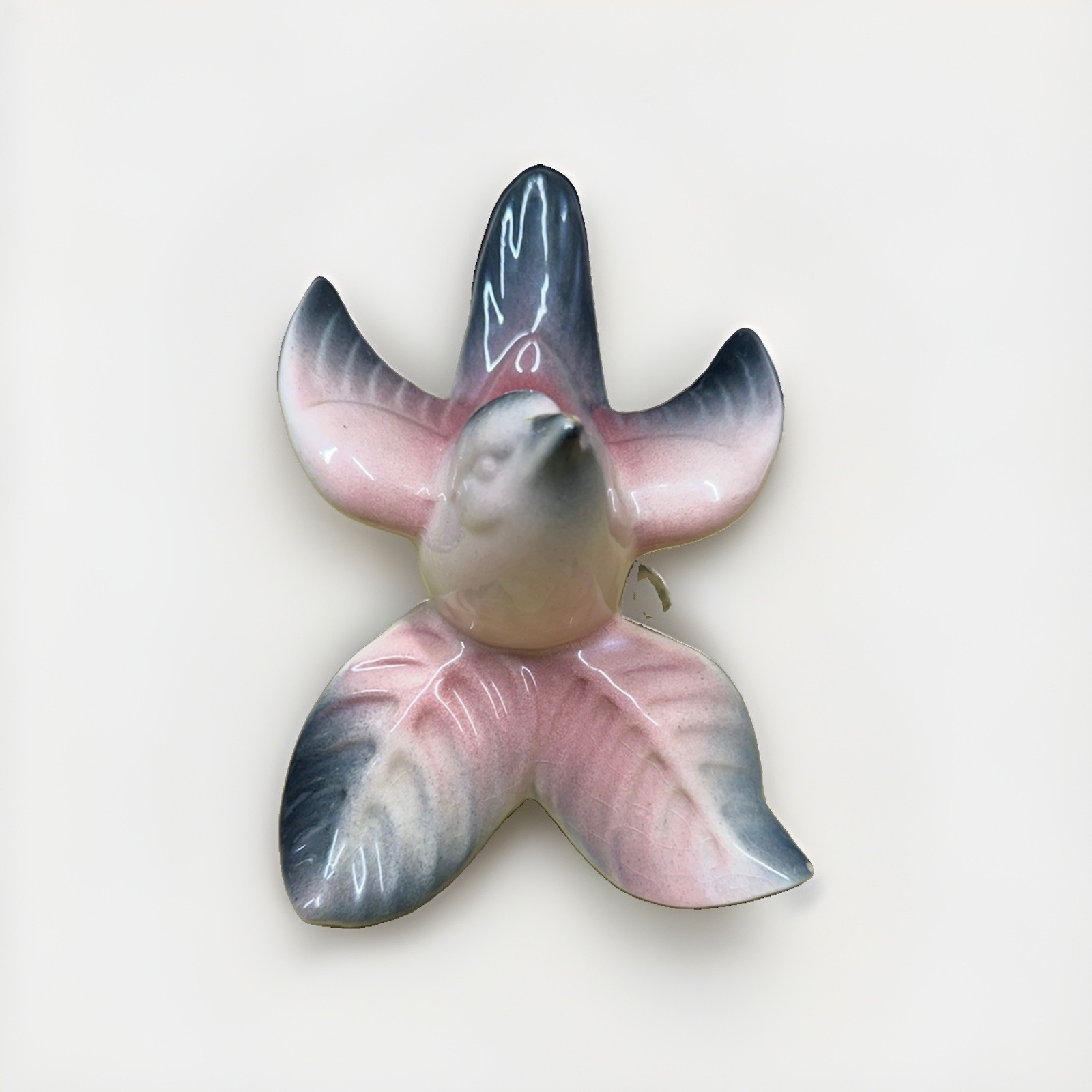 Vintage MCM Ceramic Flying Bird Figurine Pink Gray Glossy Mid Century