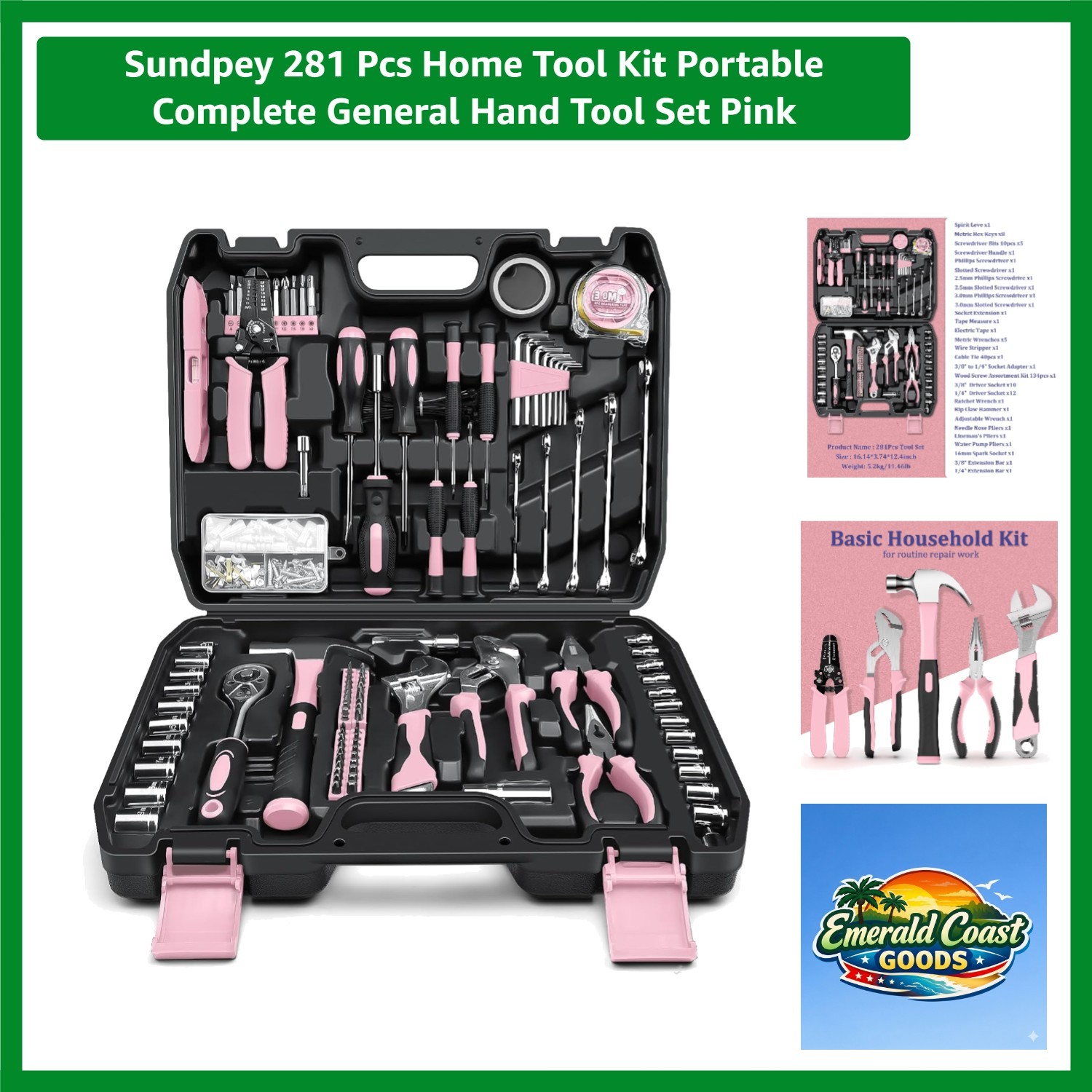 281 Pcs Home Tool Kit Portable Complete General Hand Tool Set Pink