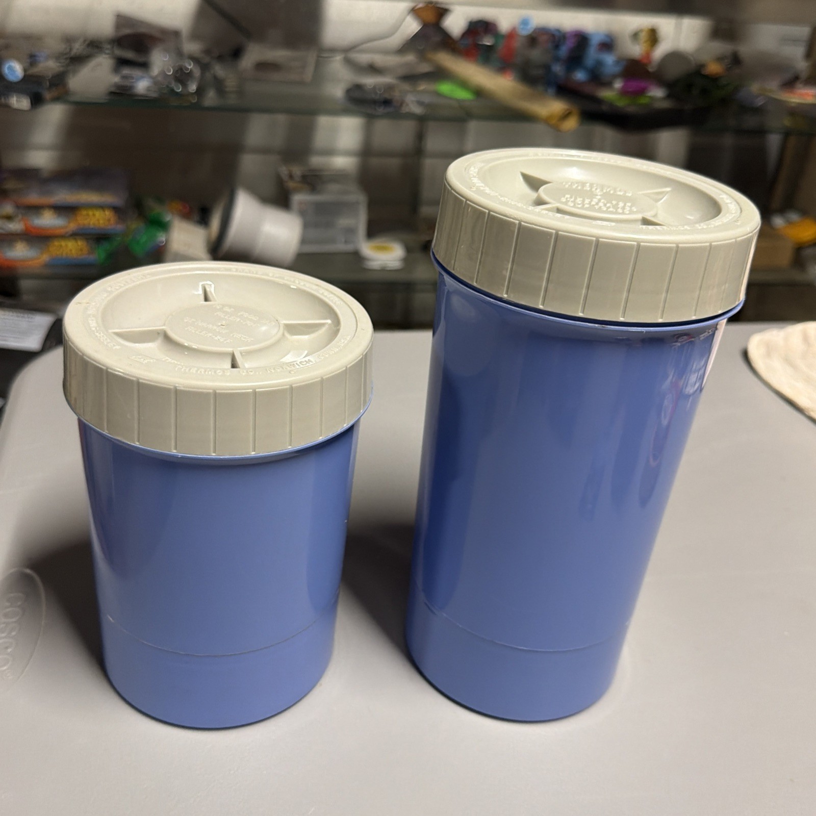 Vintage 1970s Thermos King Seeley Blue Food Jar & Vacuum Bottle Lot of 2 Vintage 1970s Thermos King Seeley Blue Food Jar & Vacuum Bottle Lot of 2