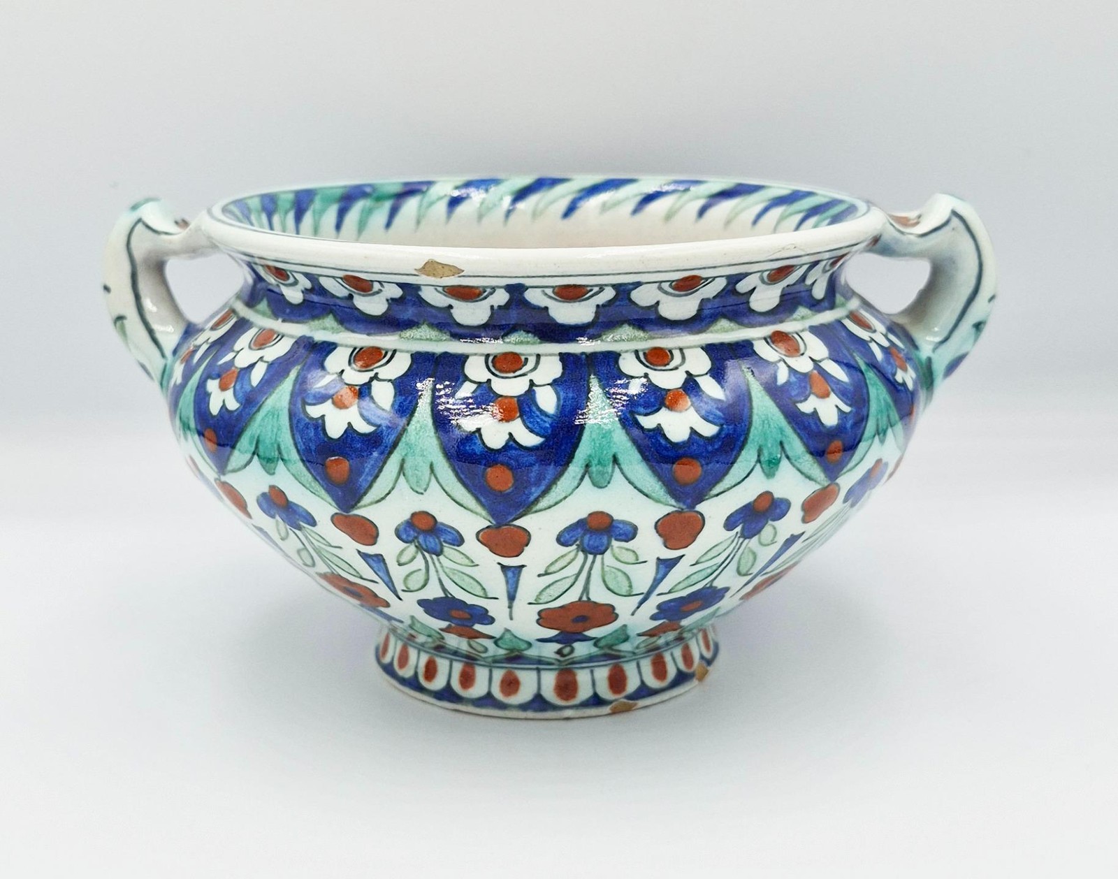 ANTIQUE CANTAGALLI MAIOLICA IZNIK STYLE TWO-HANDLED BOWL c1900