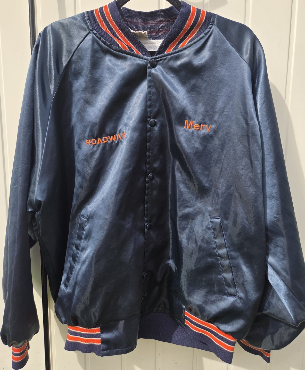 Vintage Roadway Express Satin Jacket XL USA Made Truck Driver Bomber Blue