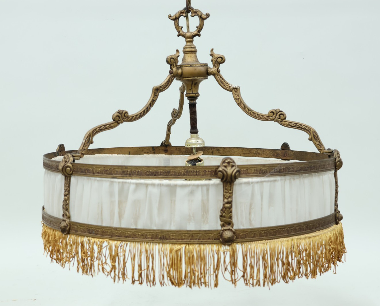 Antique Neoclassic Brass Drum Chandelier w/Fabric Shade and Fringe 20\ Antique Neoclassic Brass Drum Chandelier w/Fabric Shade and Fringe 20\
