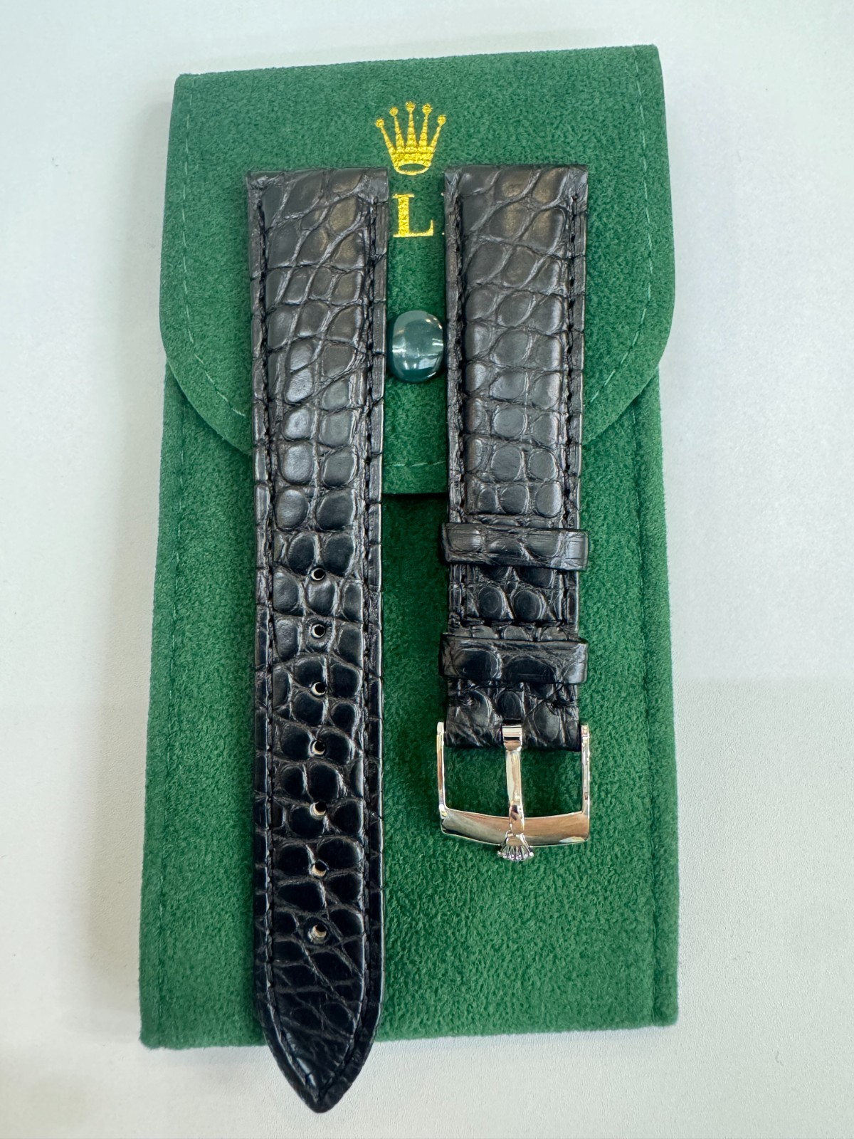 ROLEX Black Leather Crocodile Band 19mm W. Rolex Crown Buckle Silver NOS Rare🔥