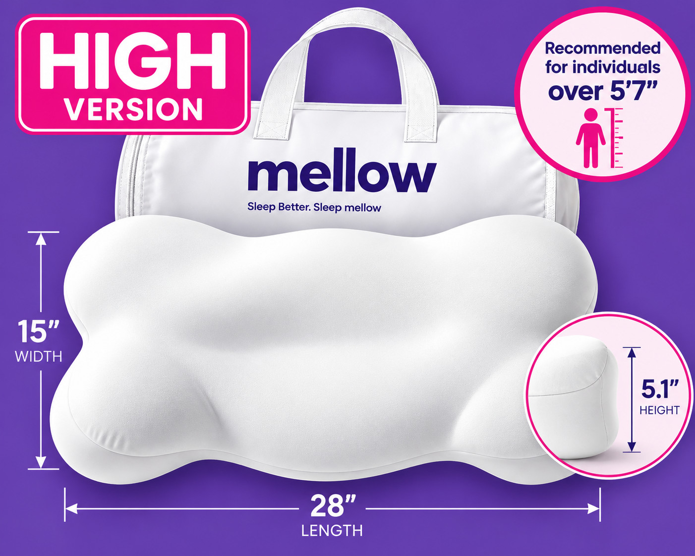 Mellow CloudAlign Sleep Pillow Memory Foam Neck Support - High Size