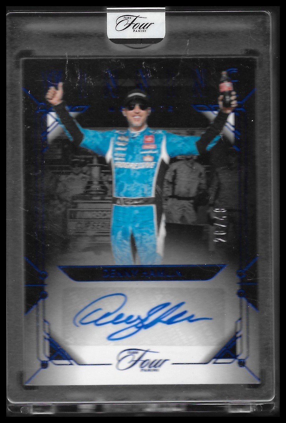 2026 Panini Turn Four #WM-DHM Denny Hamlin Winning Moments Blue #/49