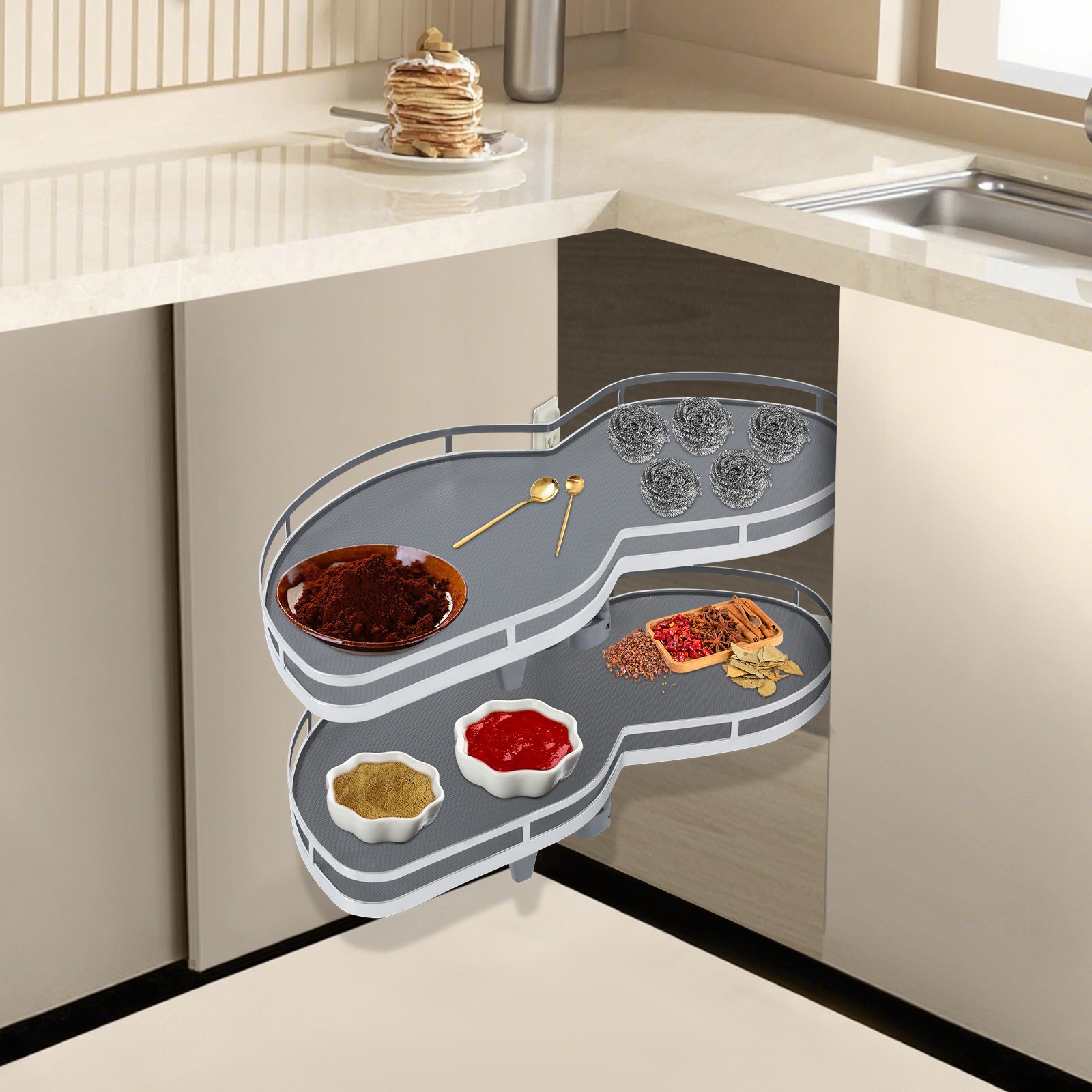 2-Tier Carbon Steel Blind Corner Cabinet Adjustable Height Pull-out Organizer
