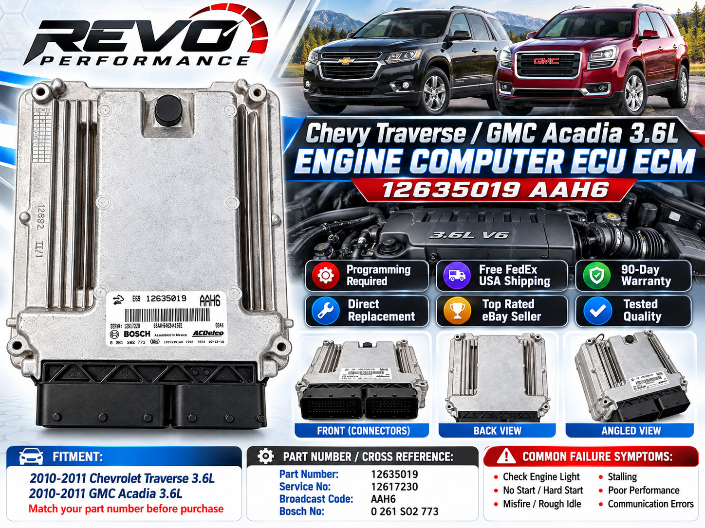 ✅ 10-11 Chevy Traverse GMC Acadia 3.6L Engine Computer ECU ECM 12635019 AAH6