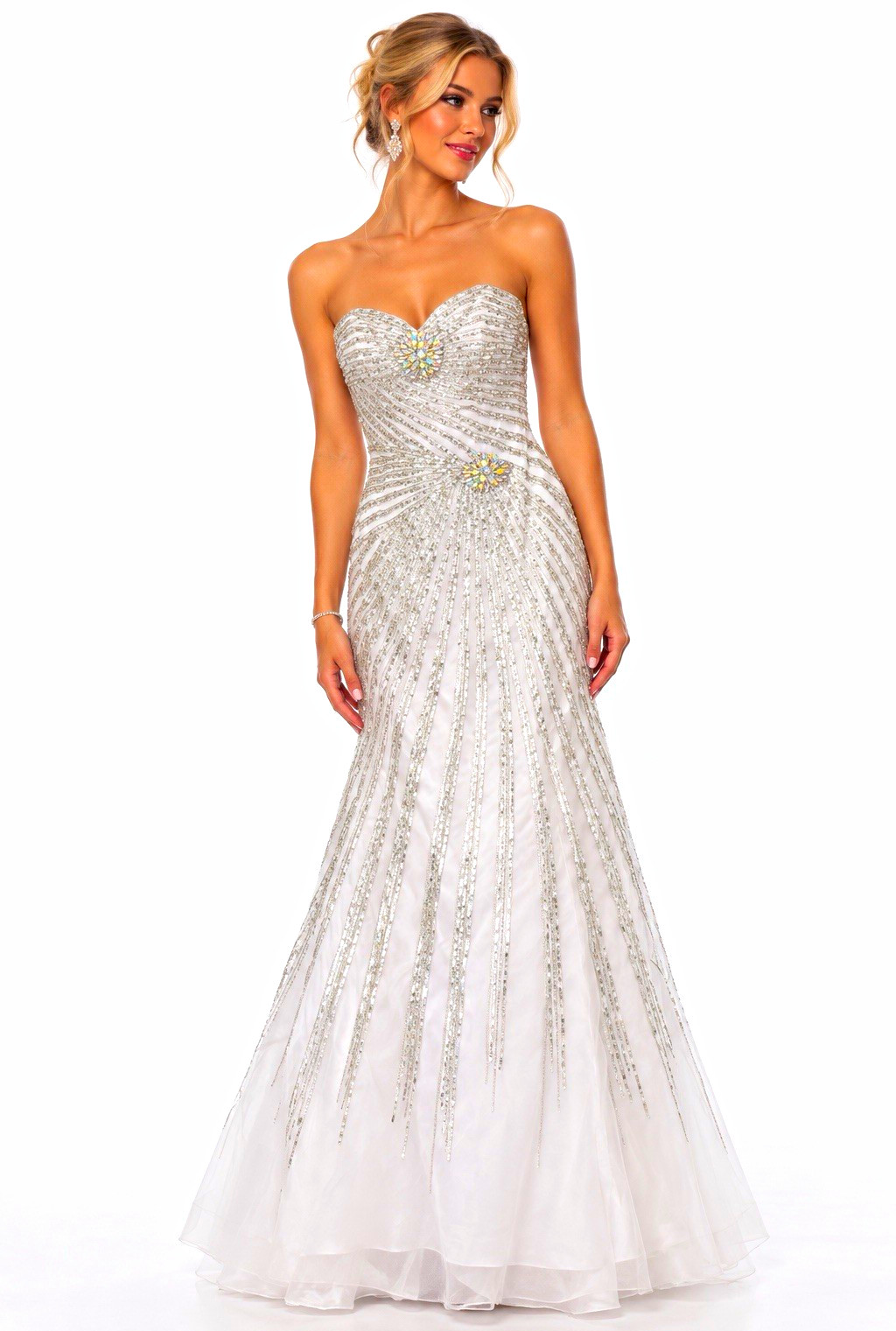 Jovani Strapless Sweetheart White/Silver Beaded Sequin Formal Gown Size 2
