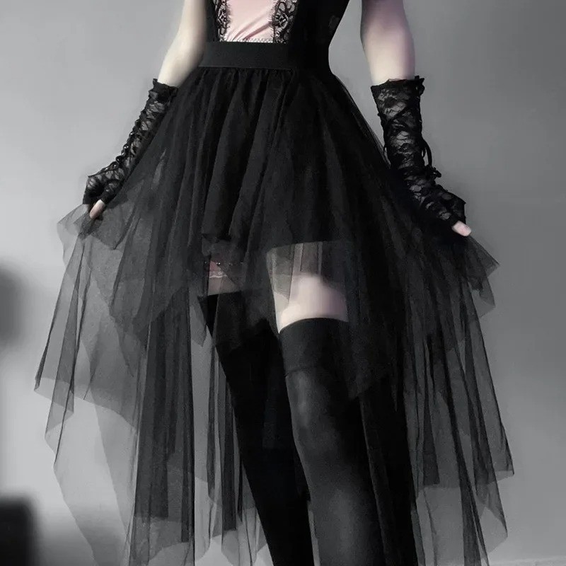 Fashion Net Yarn High-Waisted Irregular Skirt for Women Gothic Style Summer Casu