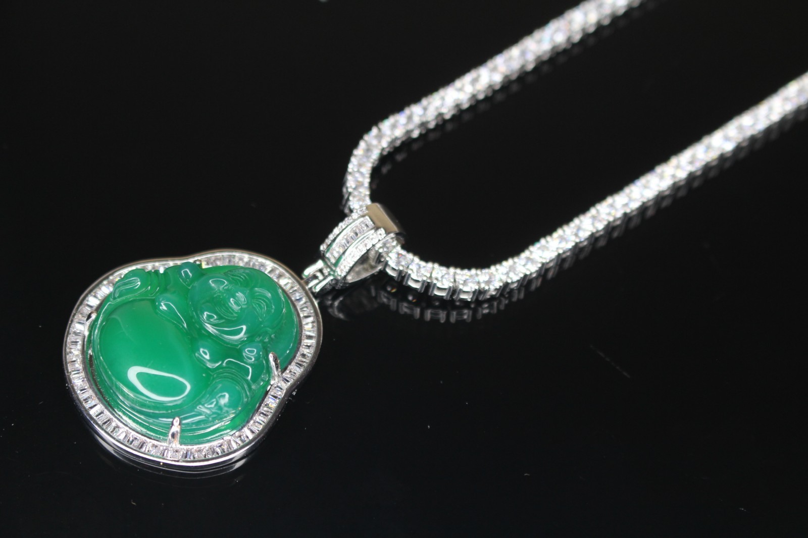 14k STAMPED Happy Buddha GREEN Jade Pendant TENNIS 44ct Lab Sim BAGUETTE Diamond