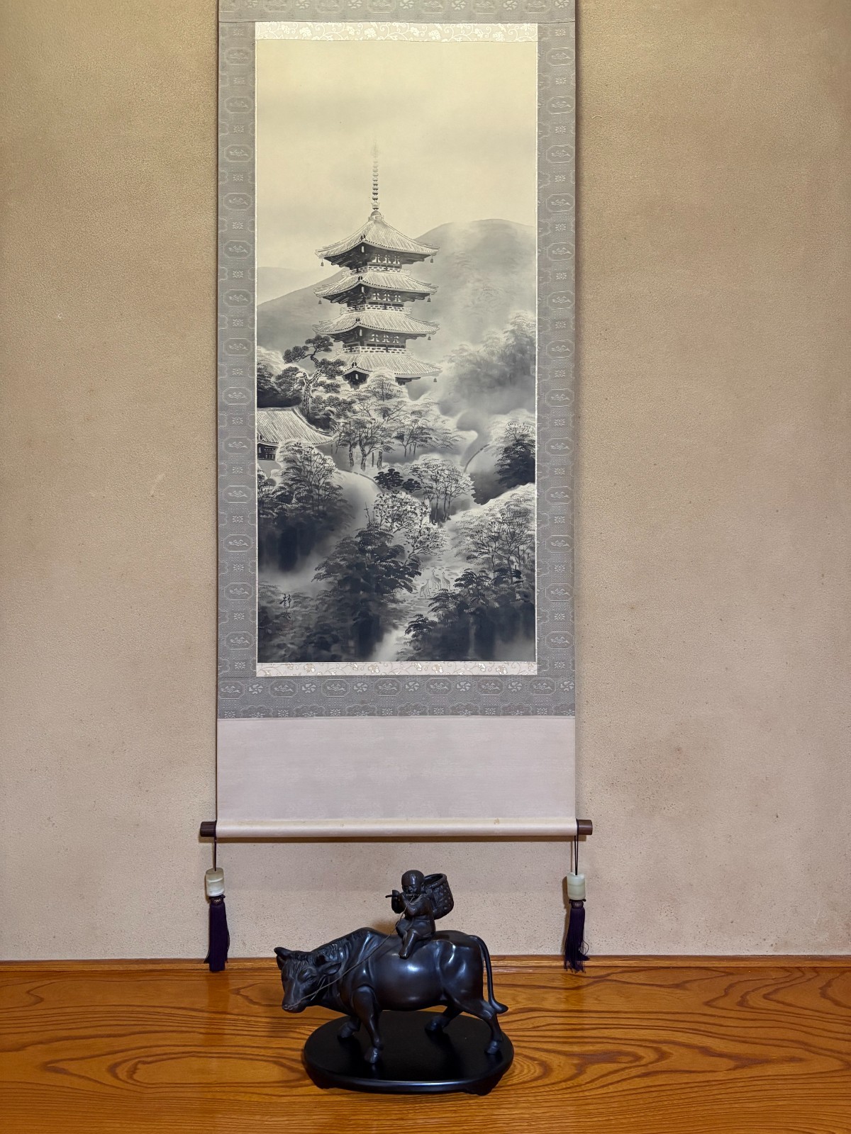 Japanese Hanging Scroll Kakejiku Ink Painting Landscape & Bronze Bull Statue Set