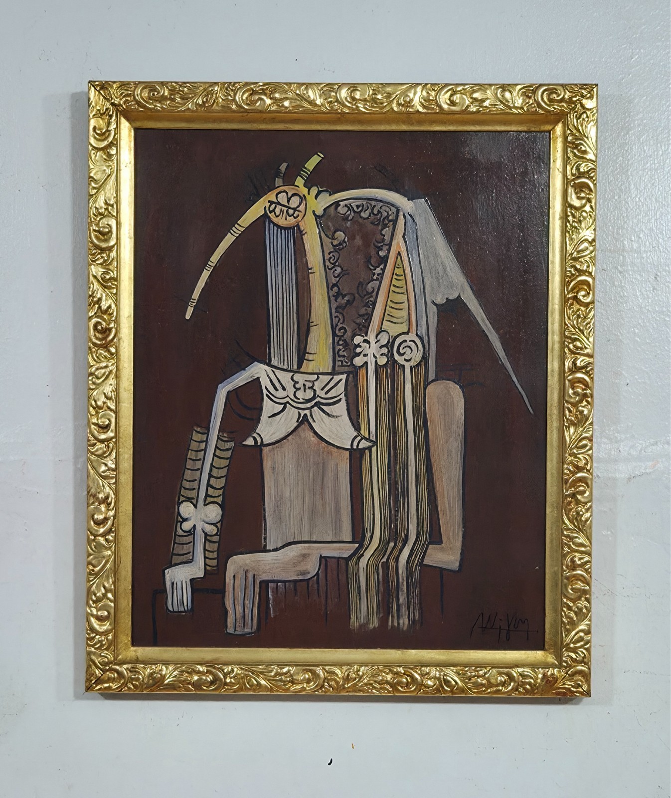 AMAZING WILFREDO LAM OIL ON CANVAS CIRCA 1968 WITH FRAME IN GOOD CONDITION