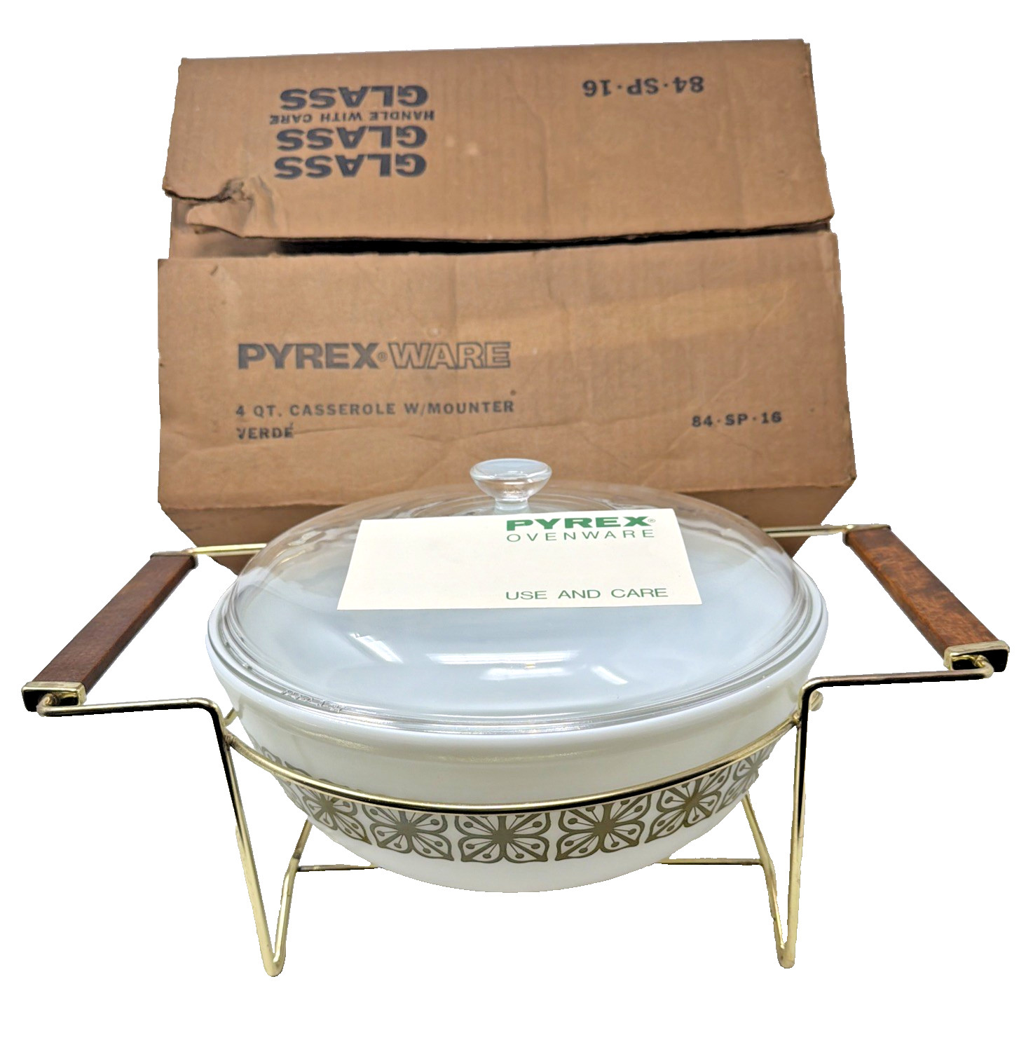 Vintage 1966 Pyrex Autumn Floral Verde 404 Casserole Set w/ Cradle Lid & Box NOS