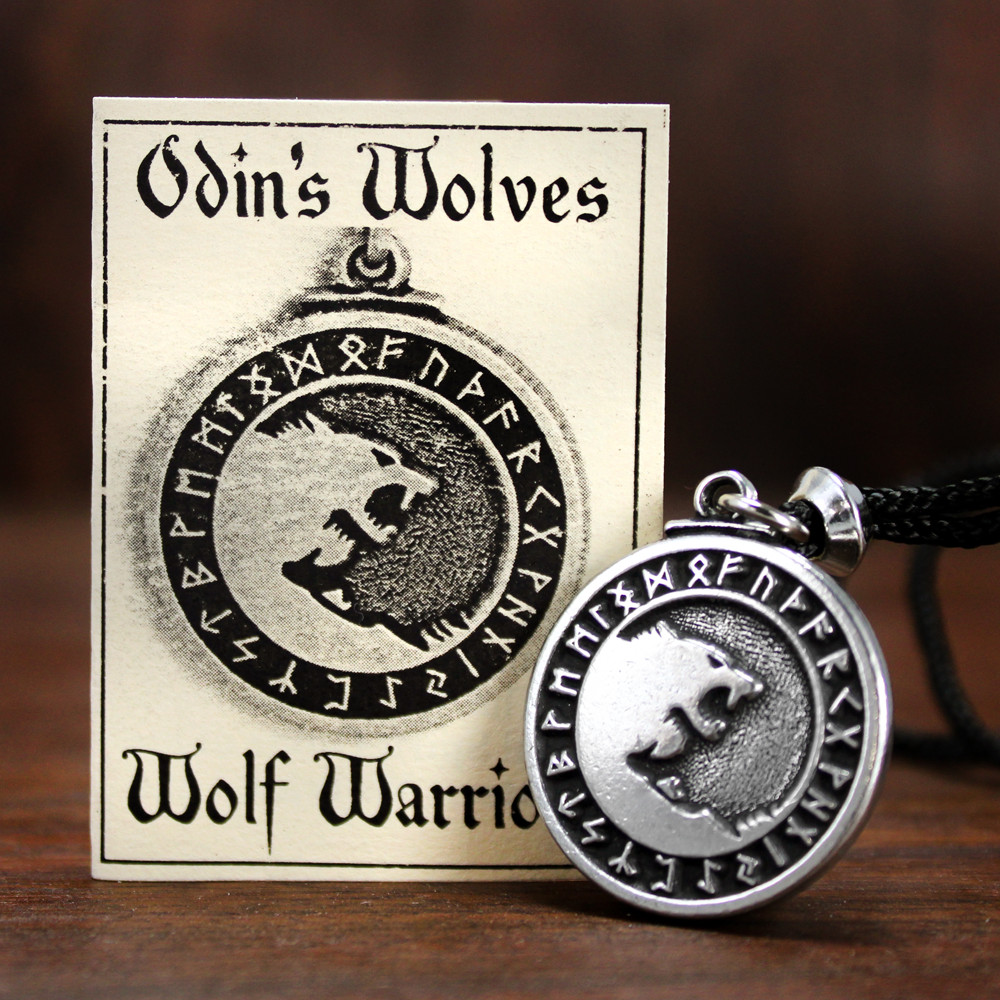 Pewter Odin Wolves Pendant  - Norse Wolf Necklace Rune Asatru Jewelry