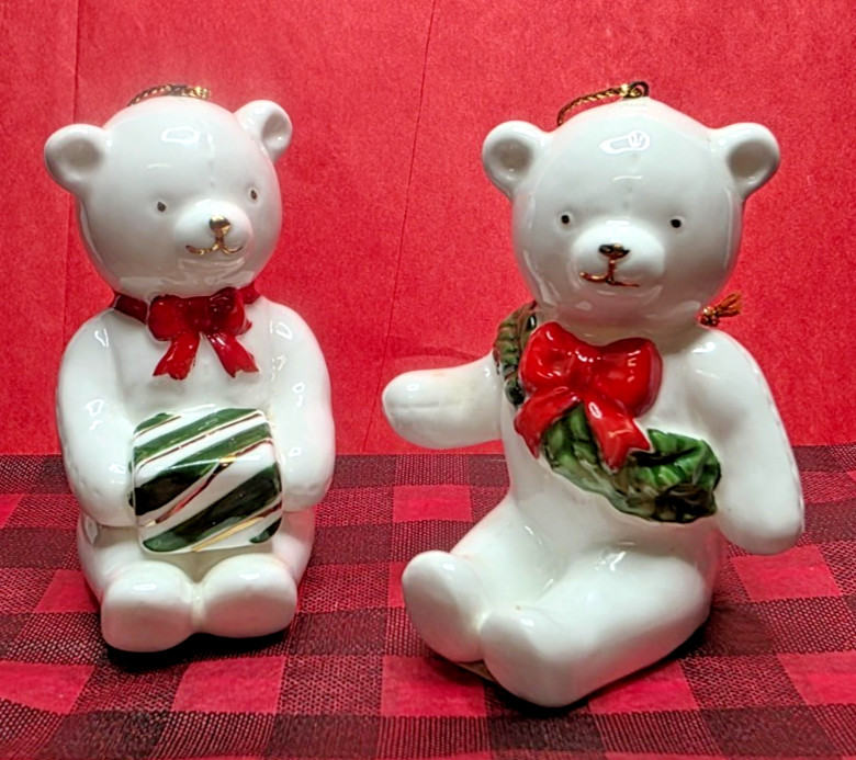 Vintage Schmid Christmas Ornaments White Teddy Bears, Set of 2