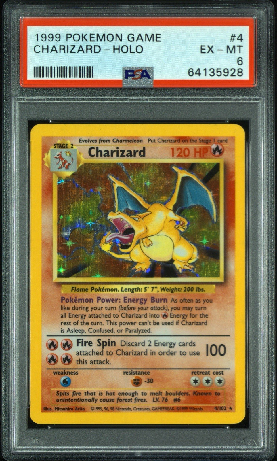PSA 6 Charizard 4/102 Base Set Holo 1999 English Wizards of the Coast PSA 6 Charizard 4/102 Base Set Holo 1999 English Wizards of the Coast