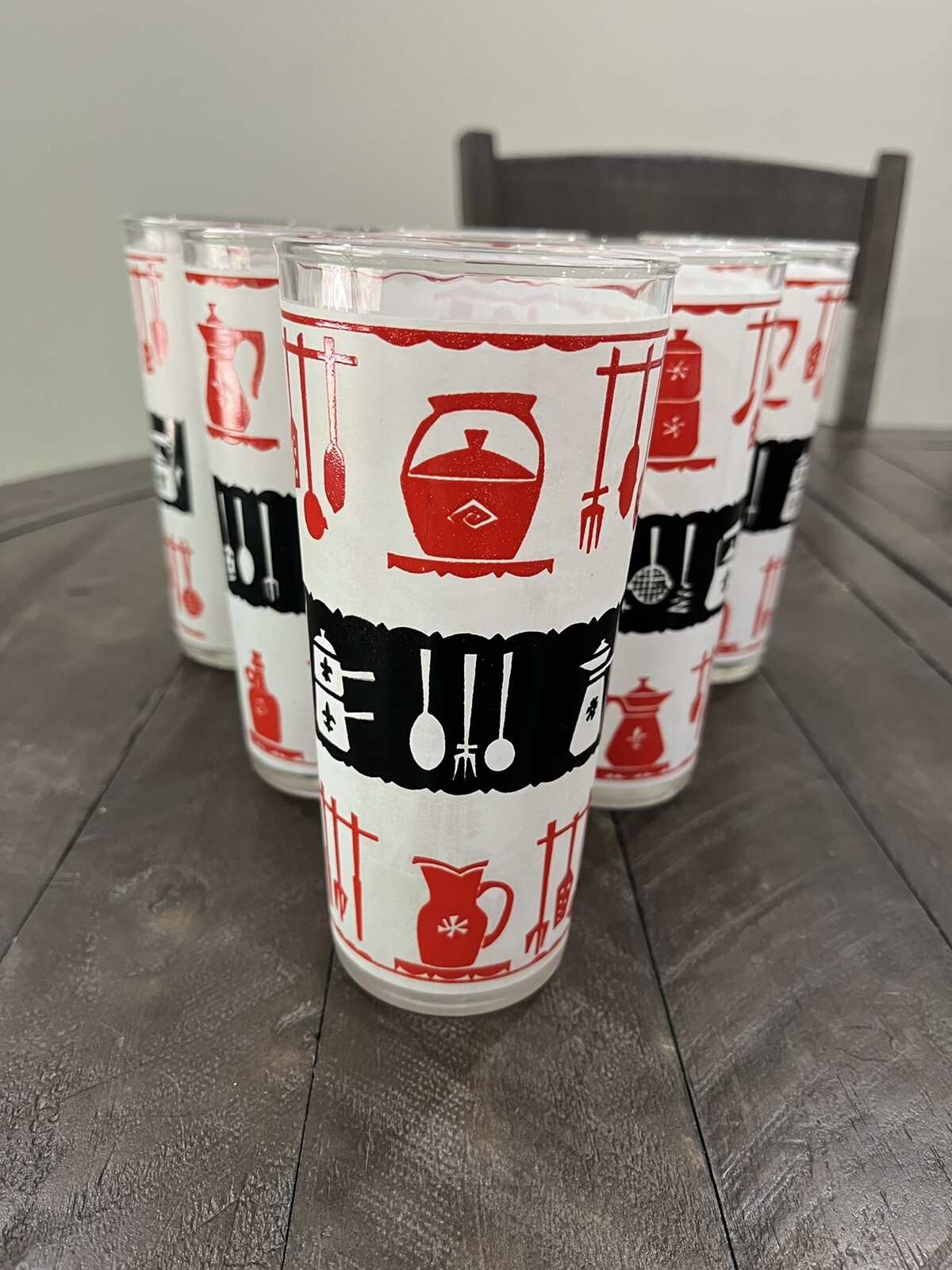 Vintage Red Black Americana Old Time Set Of 6 Highball Tumblers Kitchen