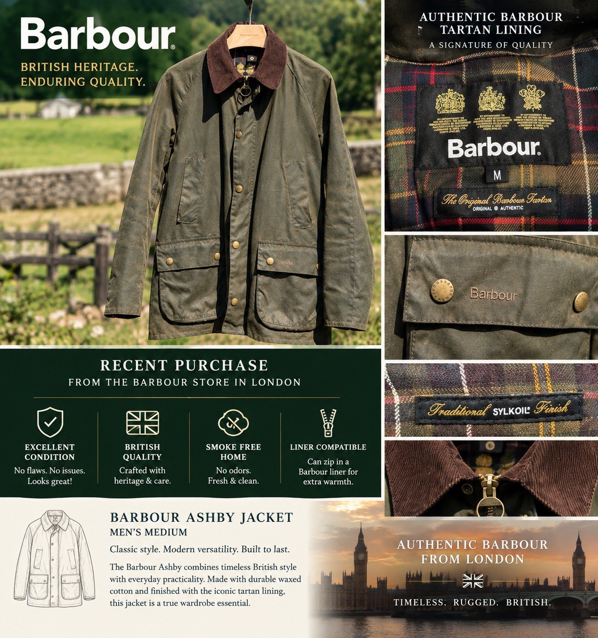 Barbour Ashby Jacket – Men’s Medium – Excellent Condition – Recent Purchase