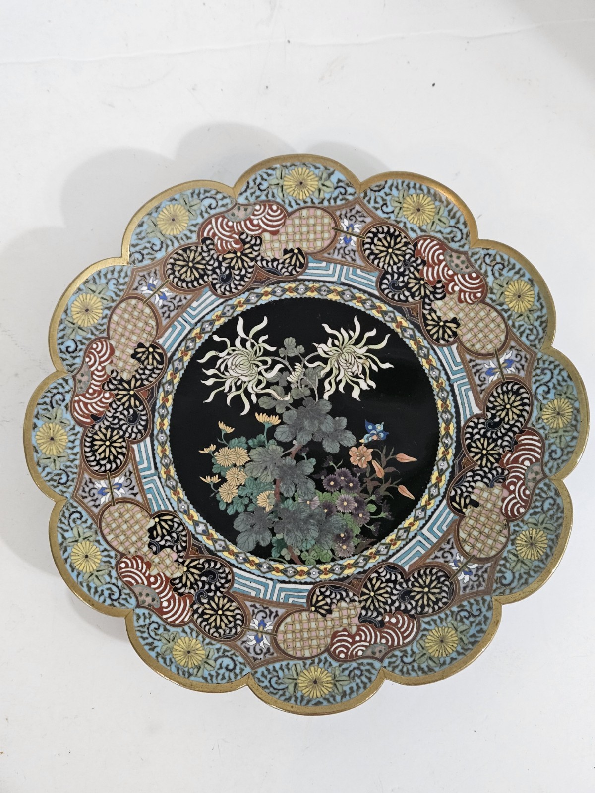 Antique Japanese Cloisonne  Chrysanthemum Plate  Scalloped Edge 9 1/2 Inches
