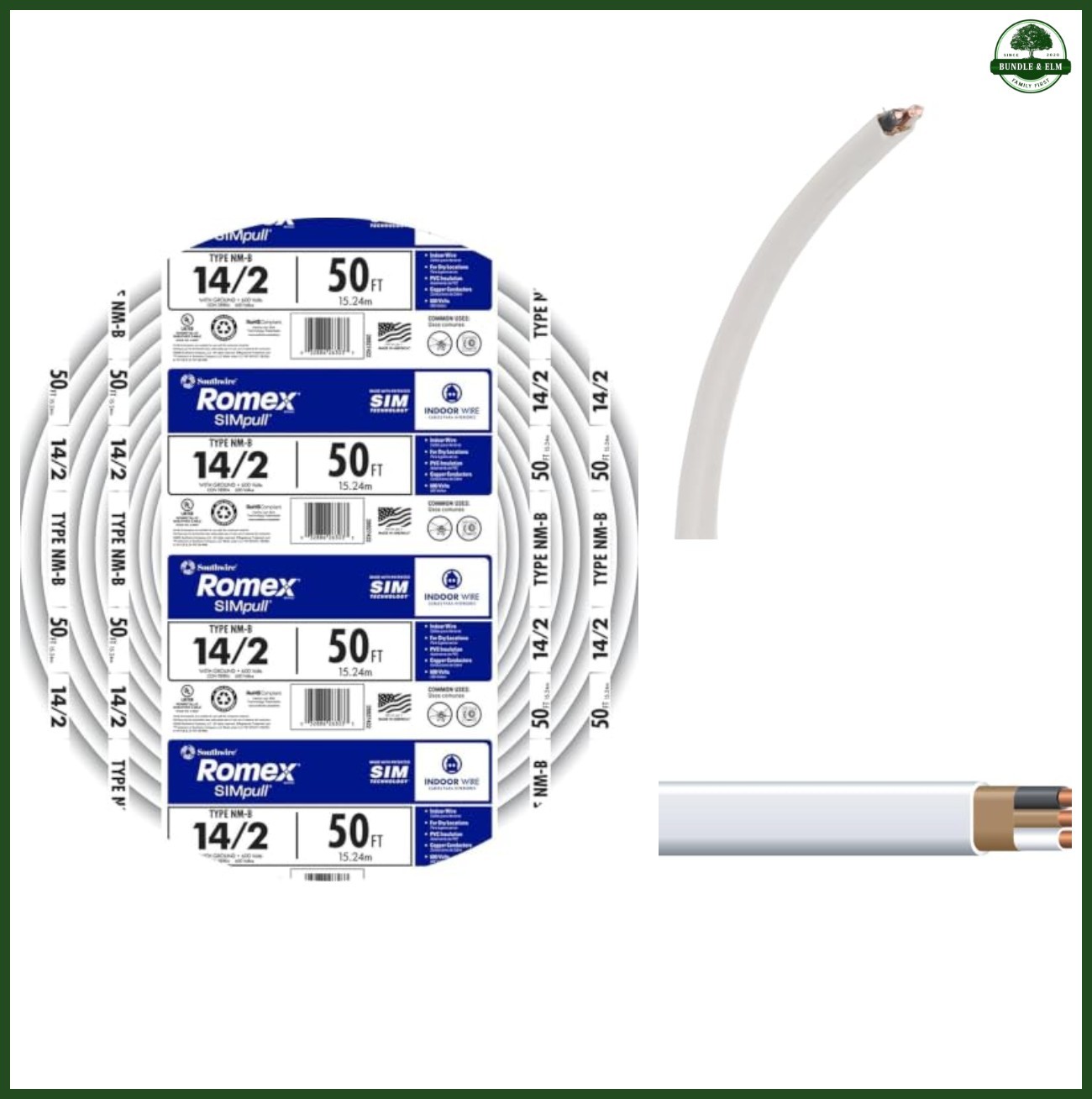 Southwire Romex Brand Simpull™ Solid Indoor 14/2 W/G NMB Cable 50ft coil - SW# 2