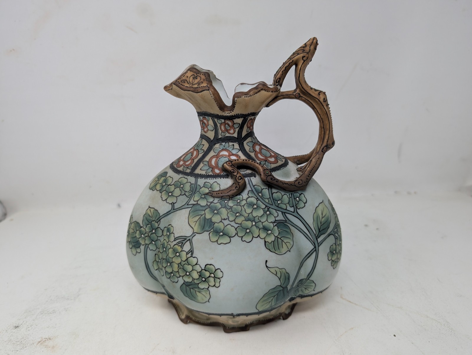 Antique Nippon M Wreath Hand Painted Floral Moriage Ewer Pitcher (133)