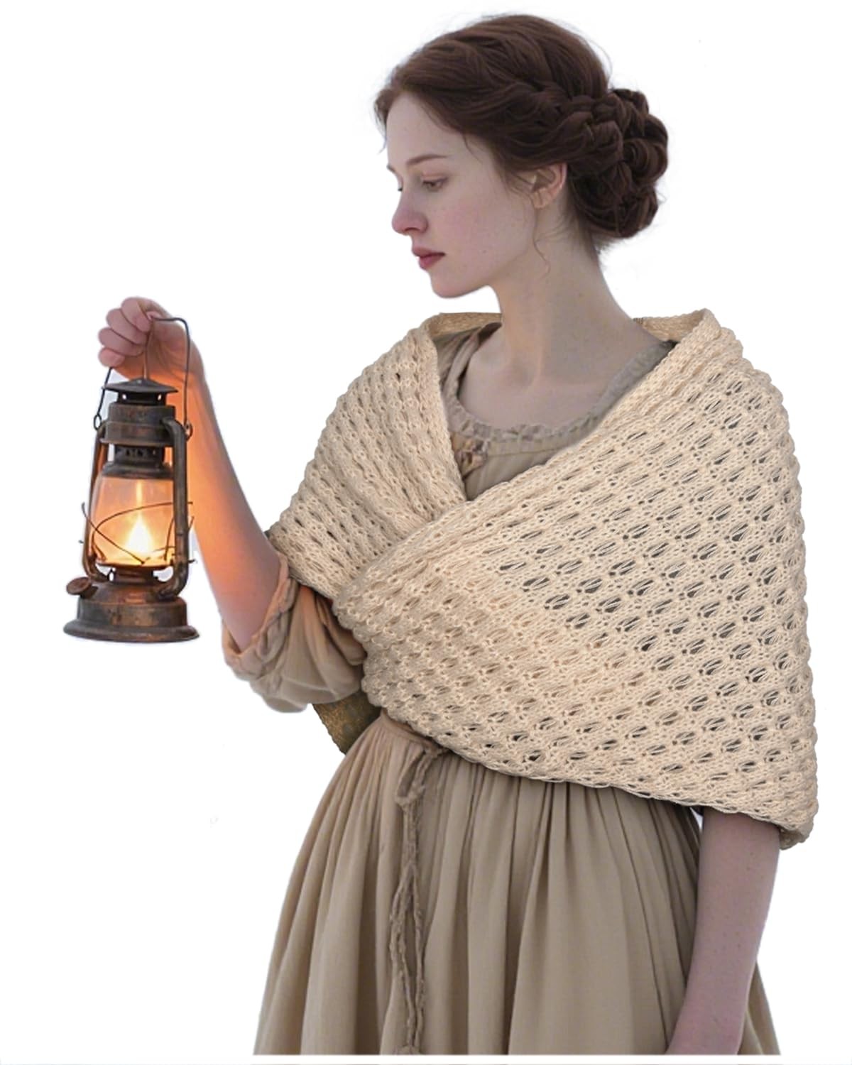 L\'VOW Knitted Sontag Shawl Triangle Sweater Wrap for Adjustable, Apricot