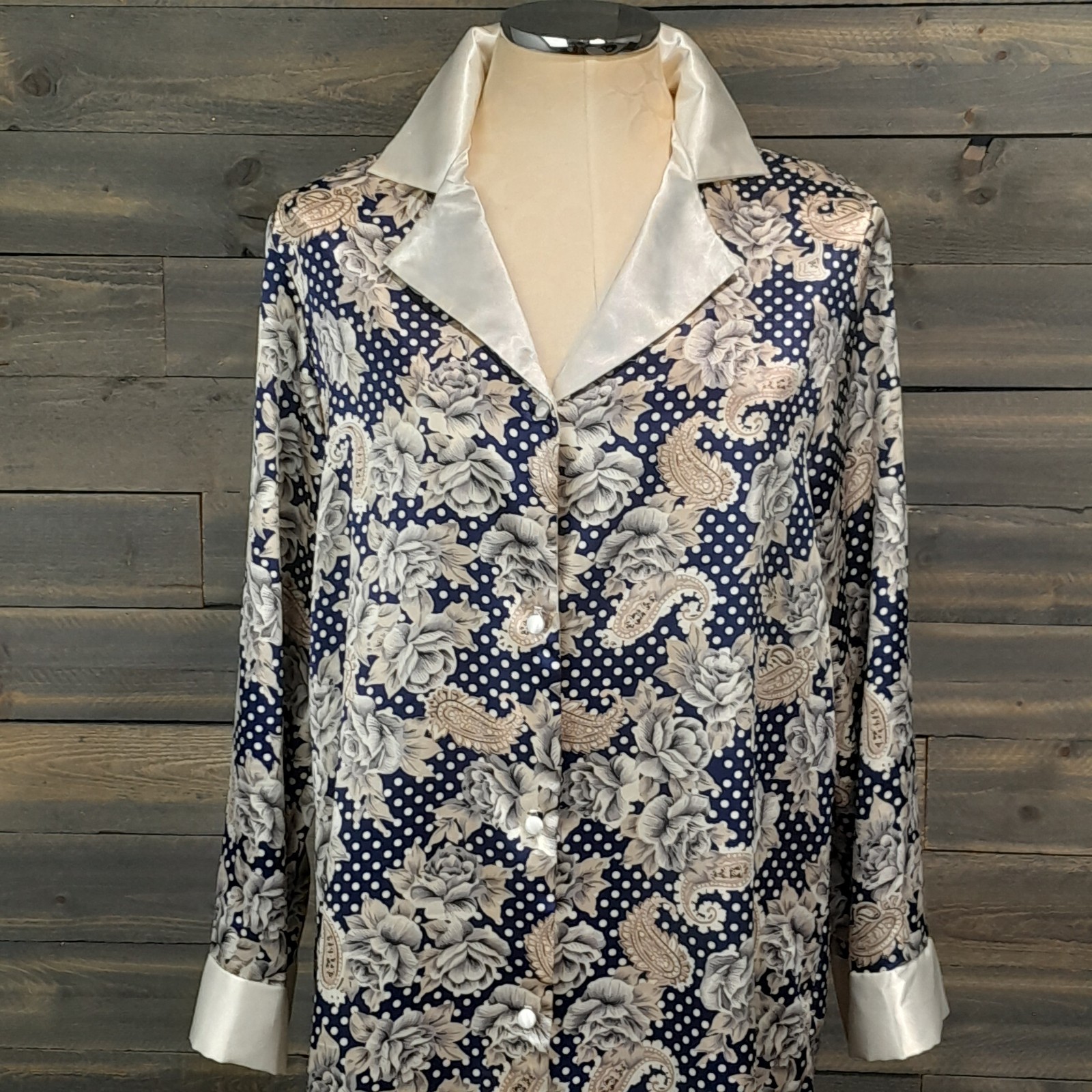 Petra Fashions Nightshirt Womens M Navy Blue Paisley Floral Silky Lounge Vtg USA