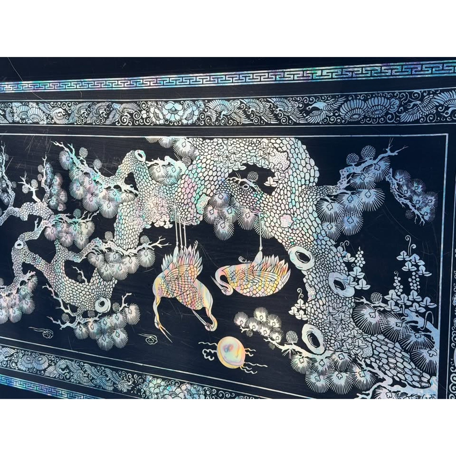 Vintage Korean Black Lacquer Mother of Pearl Tea Table - Cranes & Pine Inlay Vintage Korean Black Lacquer Mother of Pearl Tea Table - Cranes & Pine Inlay