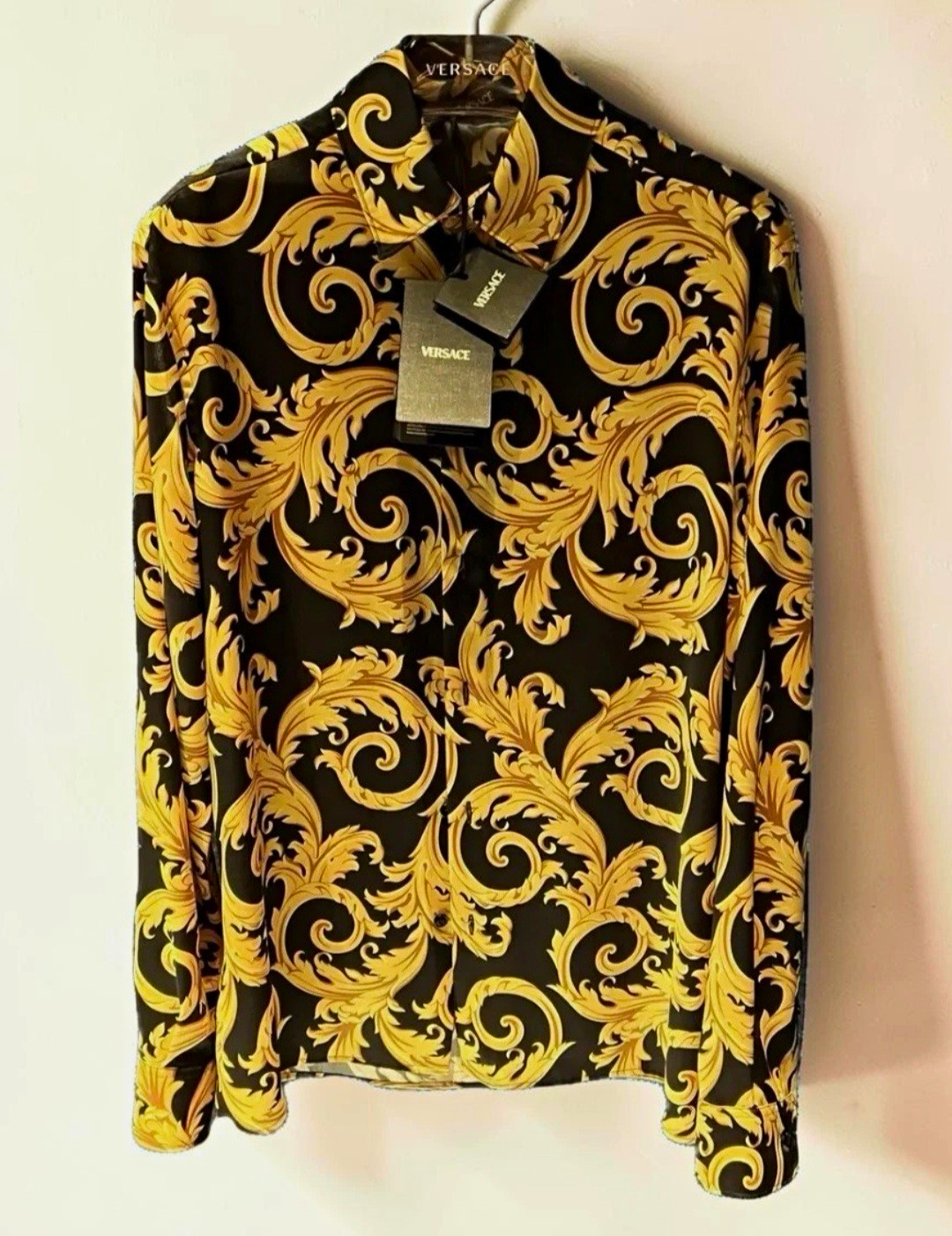 Versace Black/Gold Baroque Twill Button-Up Shirt Long Sleeve Collared IT 60