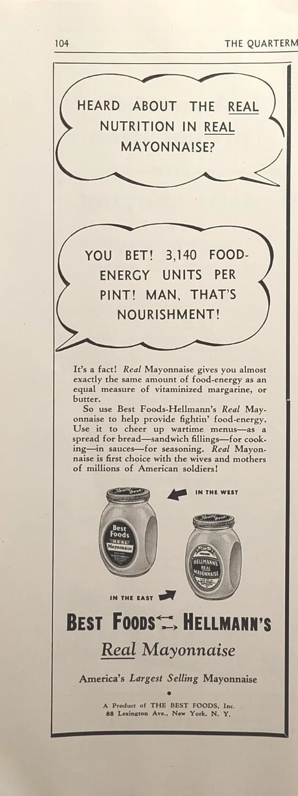 Best Foods Helmann\'s Real Mayonnaise 3,140 Energy Units Vintage Print Ad 1943