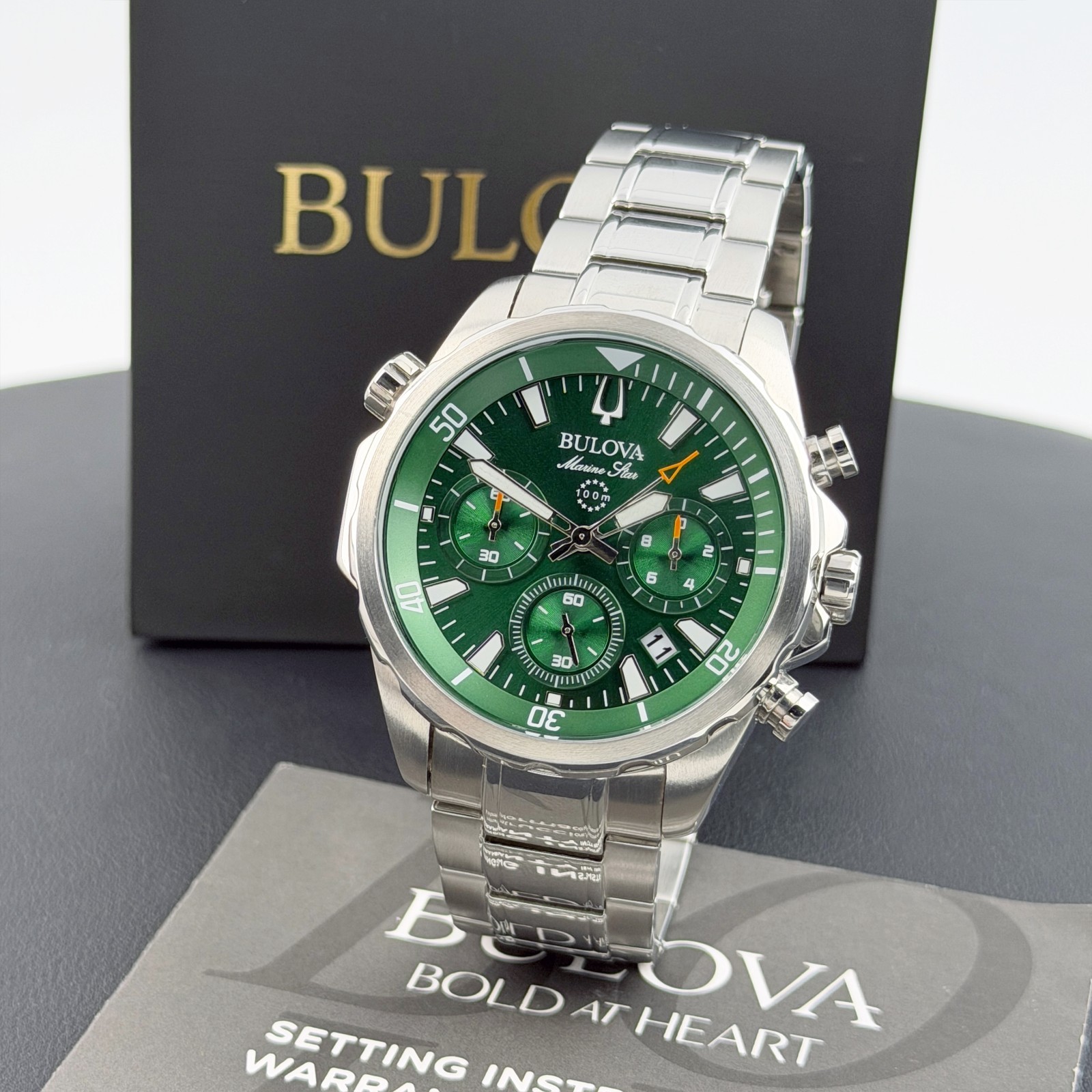 Men's Bulova Marine Star Green Dial Chronograph 96B396 Quartz New Watch 43mm