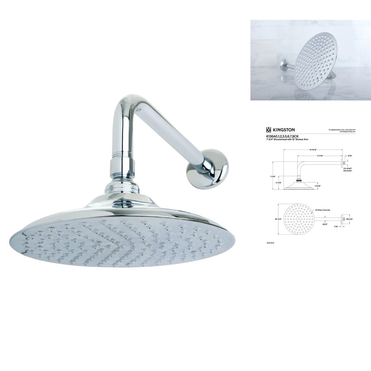 Kingston Brass K136A1CK Victorian 8-inch Brass Showerhead 12-inch Arm Polished Kingston Brass K136A1CK Victorian 8-inch Brass Showerhead 12-inch Arm Polished